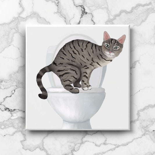 Tabby Cat on Toilet Ceramic Tile – Handcrafted Feline Humor Decor - MerikaArt