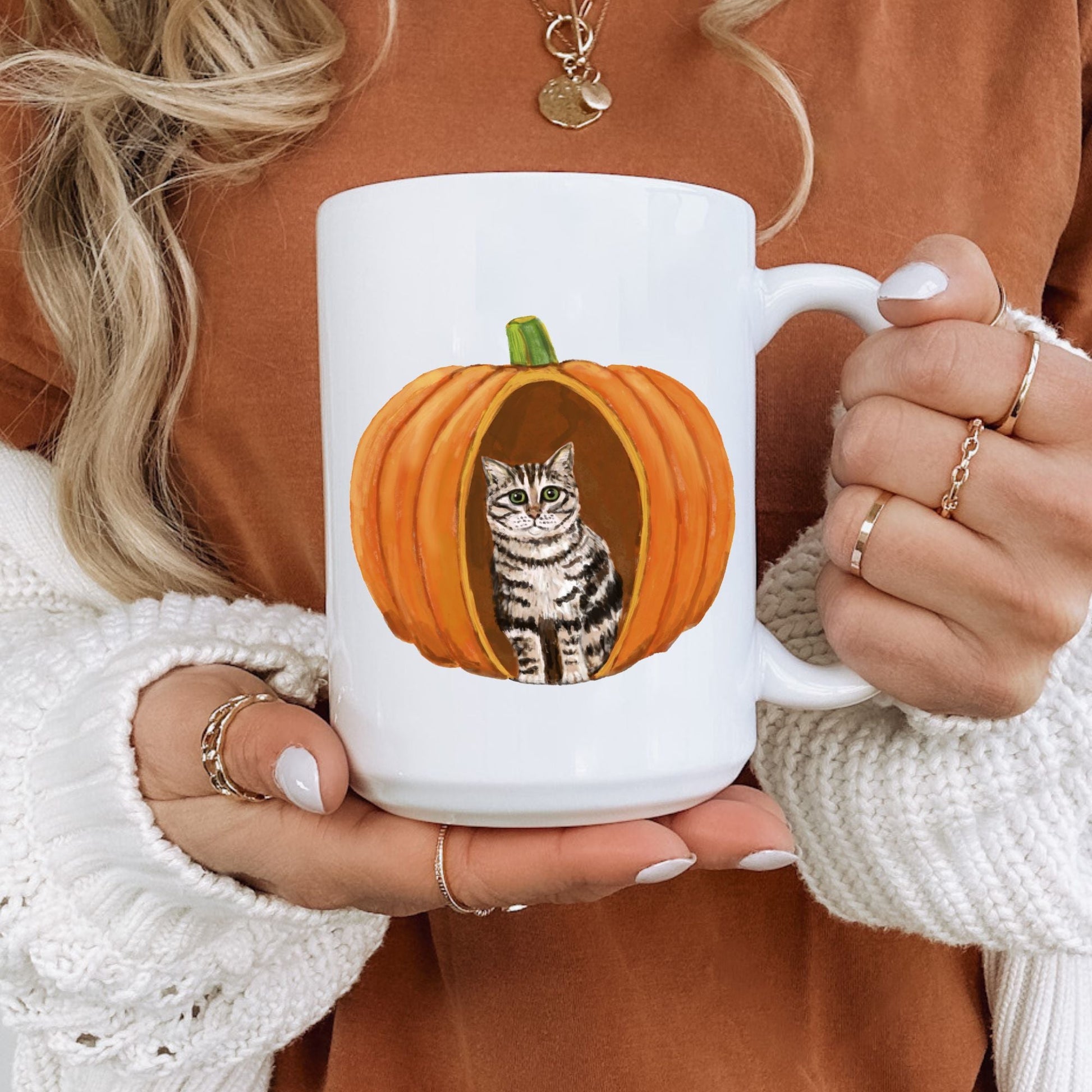 Tabby Cat Pumpkin Mug - MerikaArt