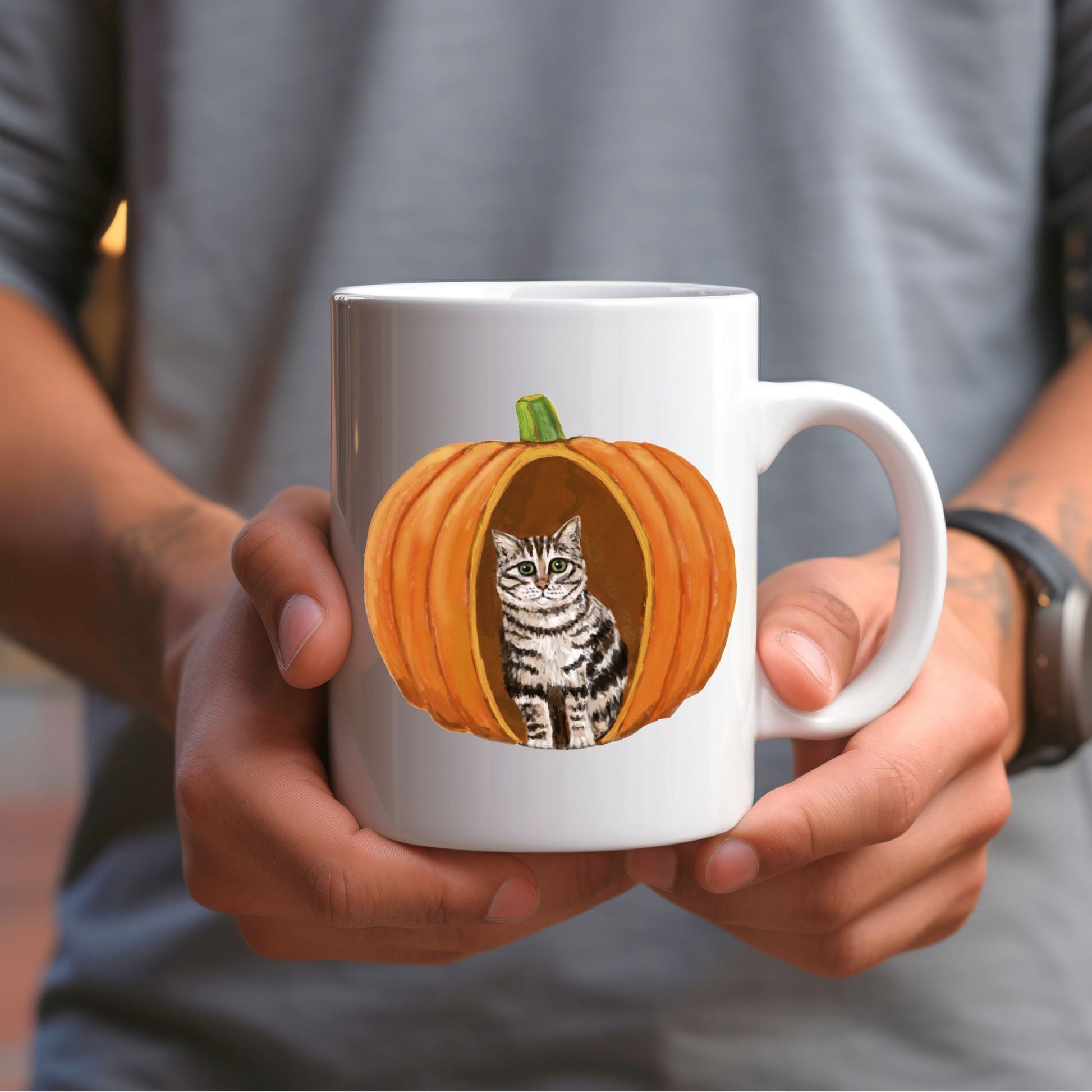 Tabby Cat Pumpkin Mug - MerikaArt
