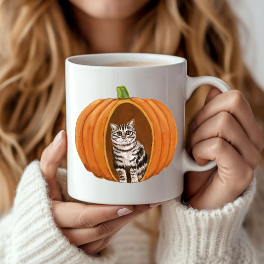 Tabby Cat Pumpkin Mug - MerikaArt