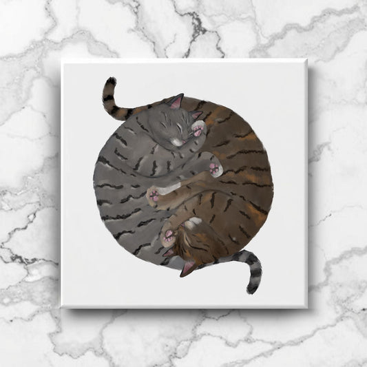 Tabby Cats Yin and Yang Ceramic Tile - MerikaArt