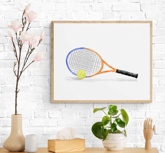 Tennis Racket Print, Sport Painting, Orange Racket Wall Art, Girls Boys Room Print, Kids Wall Art, Nursery Decor, Sports Lover Drawing - MerikaArt