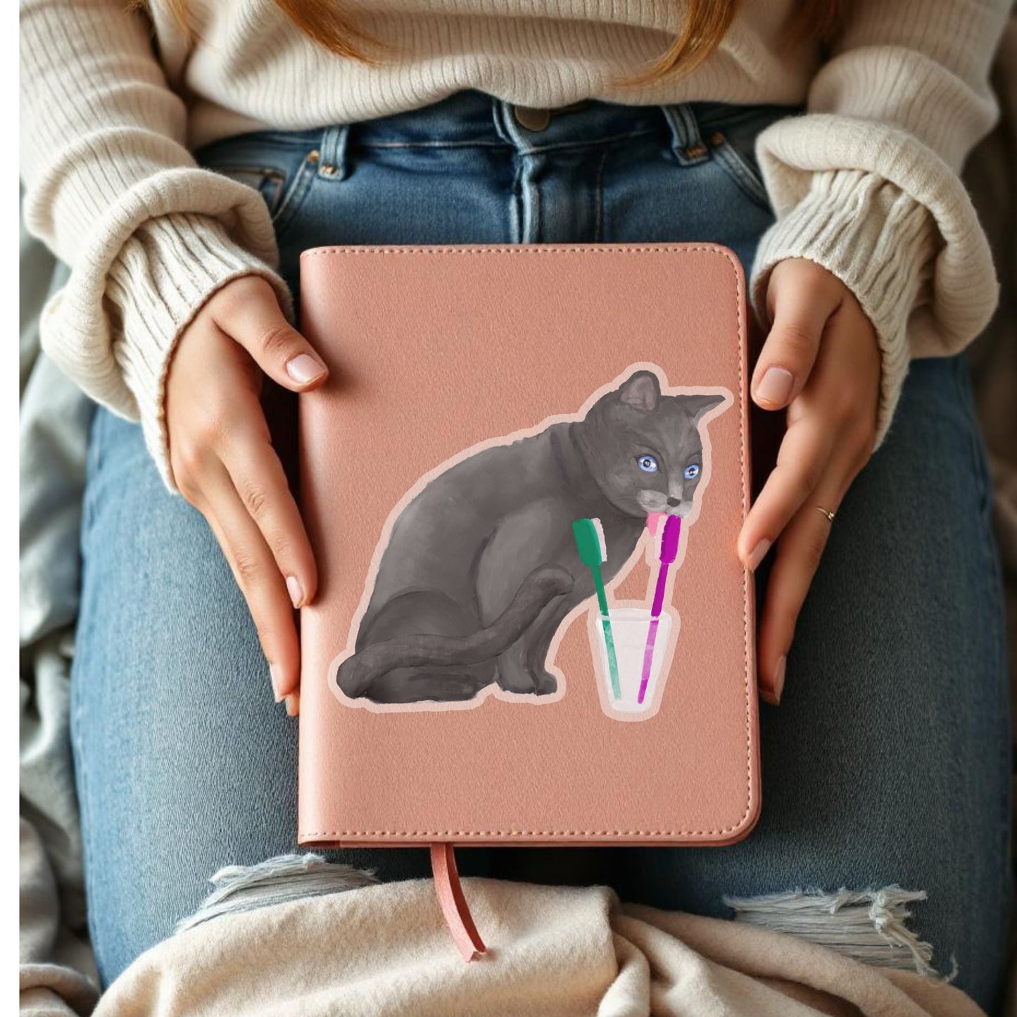 Toothbrush Cat Sticker - MerikaArt