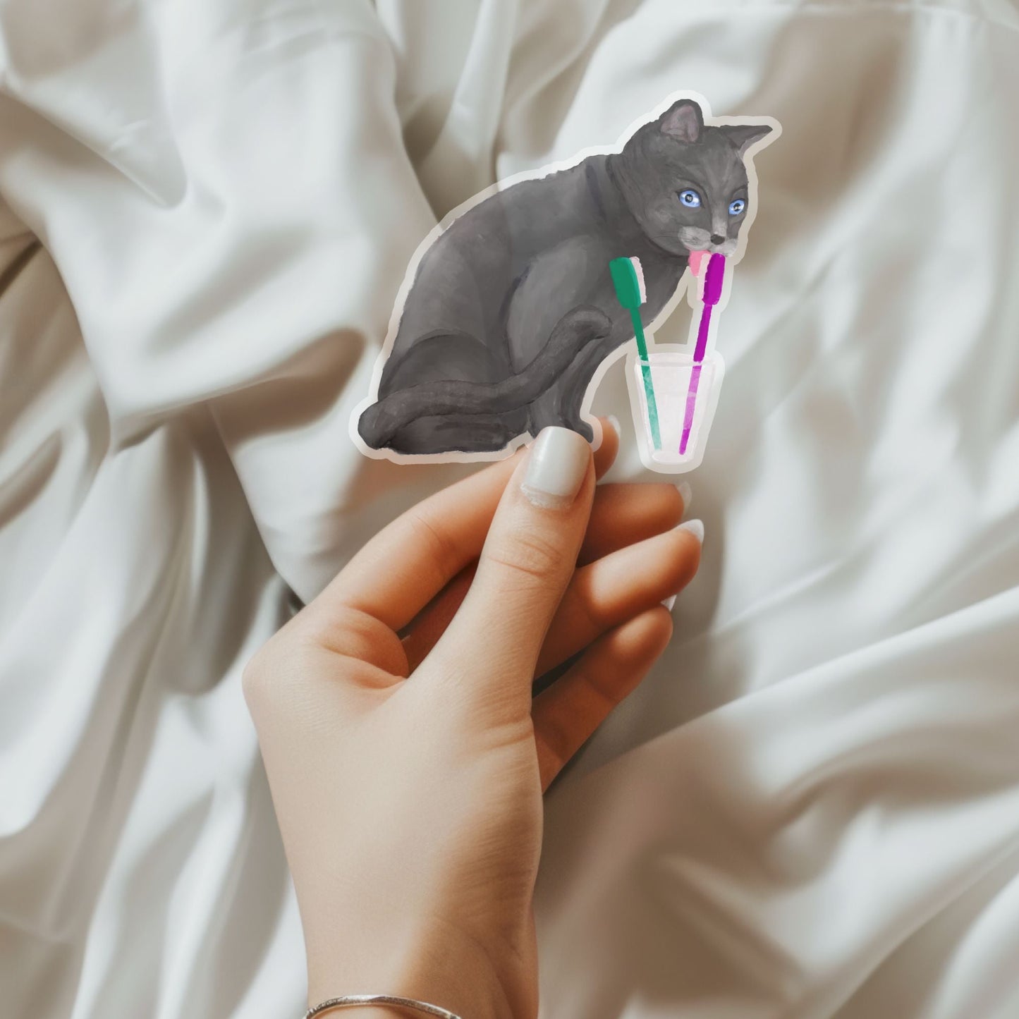 Toothbrush Cat Sticker - MerikaArt