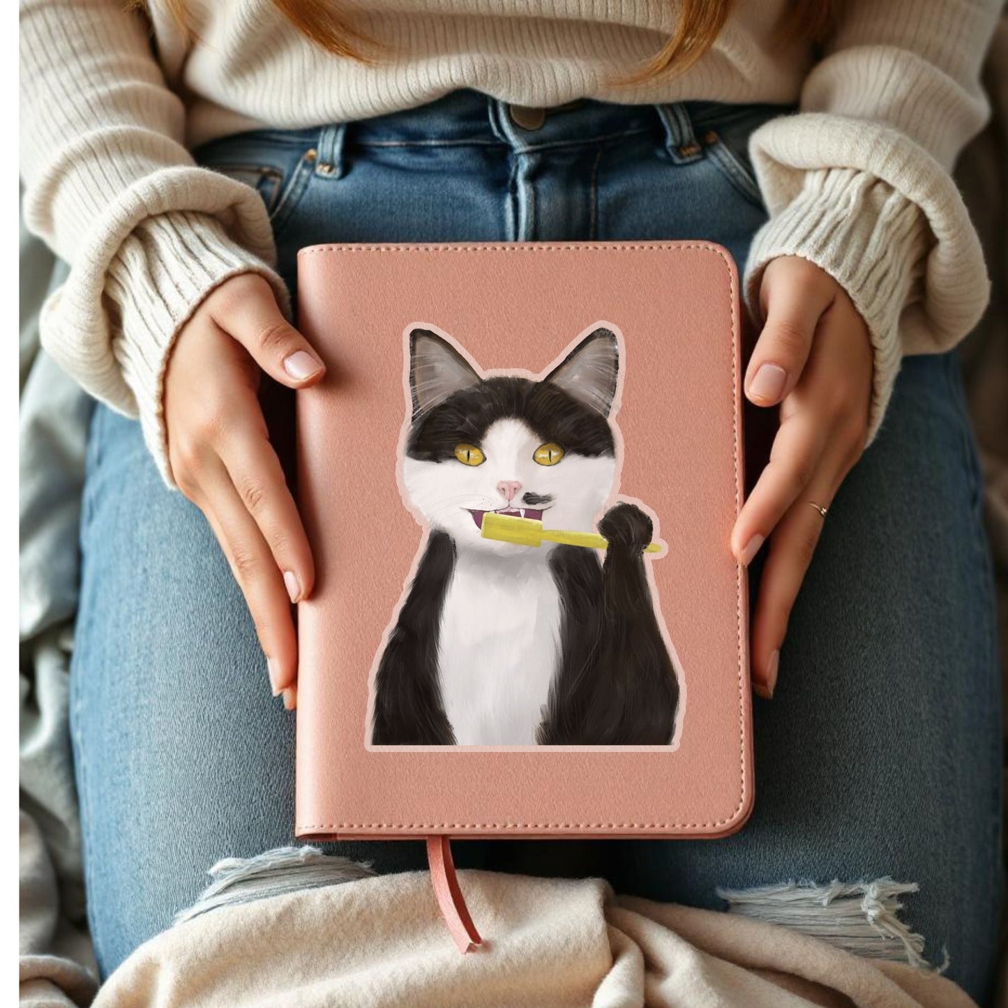 Toothbrush Tuxedo Cat Sticker - MerikaArt