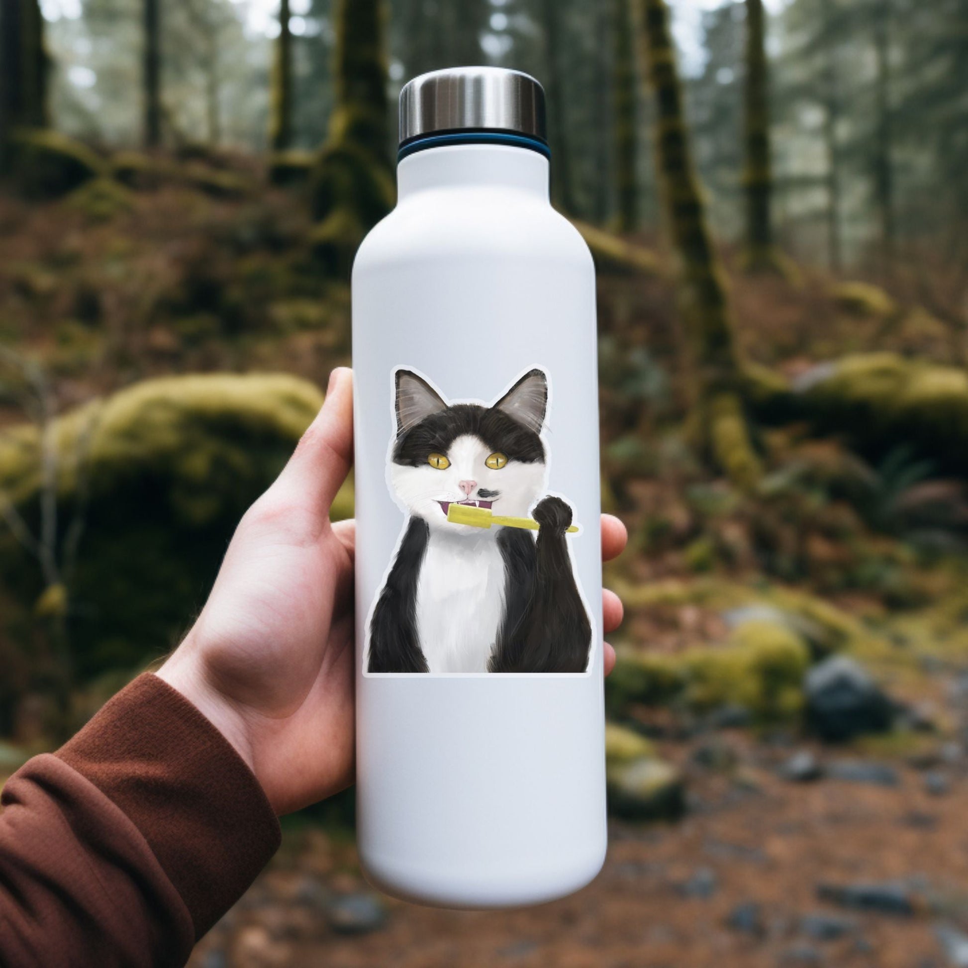 Toothbrush Tuxedo Cat Sticker - MerikaArt