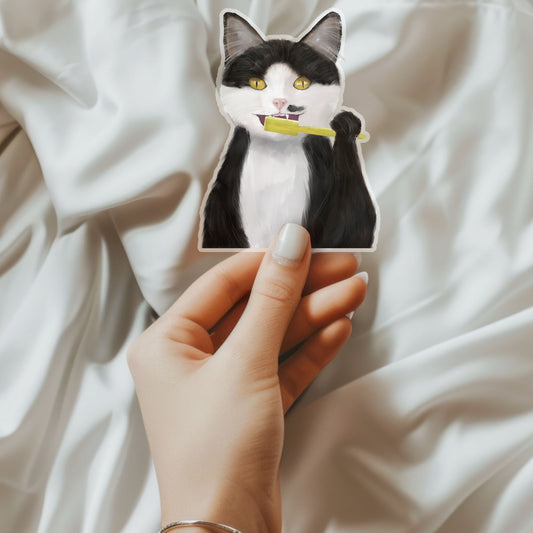Toothbrush Tuxedo Cat Sticker - MerikaArt