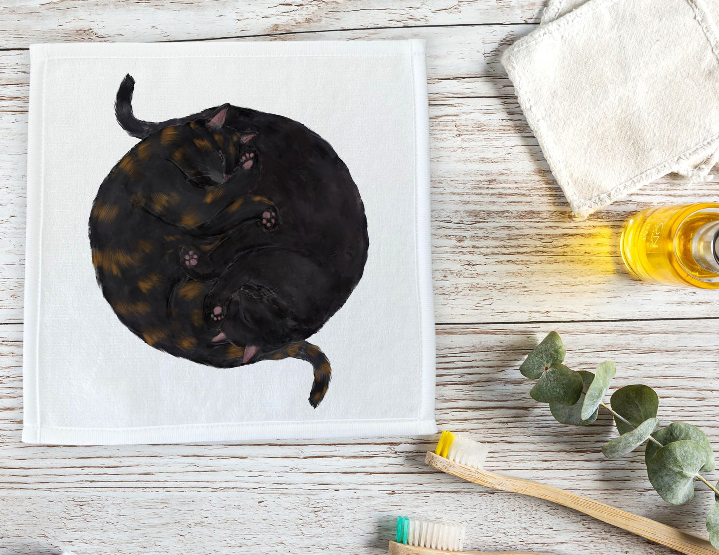 Tortoiseshell and Black Cats Sleeping Washcloth - MerikaArt