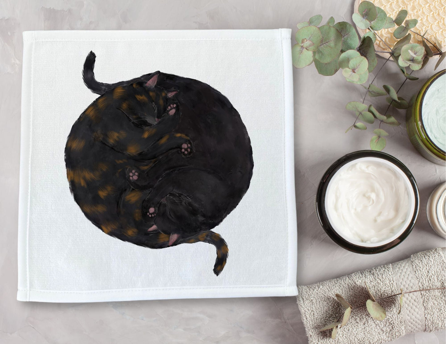 Tortoiseshell and Black Cats Sleeping Washcloth - MerikaArt