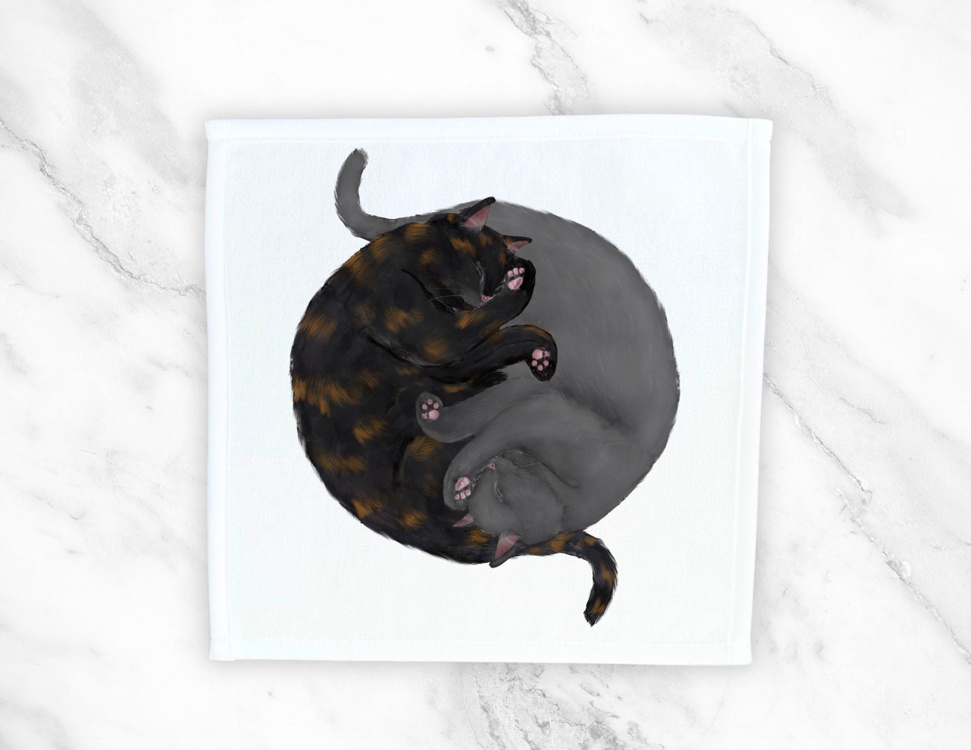 Tortoiseshell and Gray Cats Sleeping Washcloth - MerikaArt