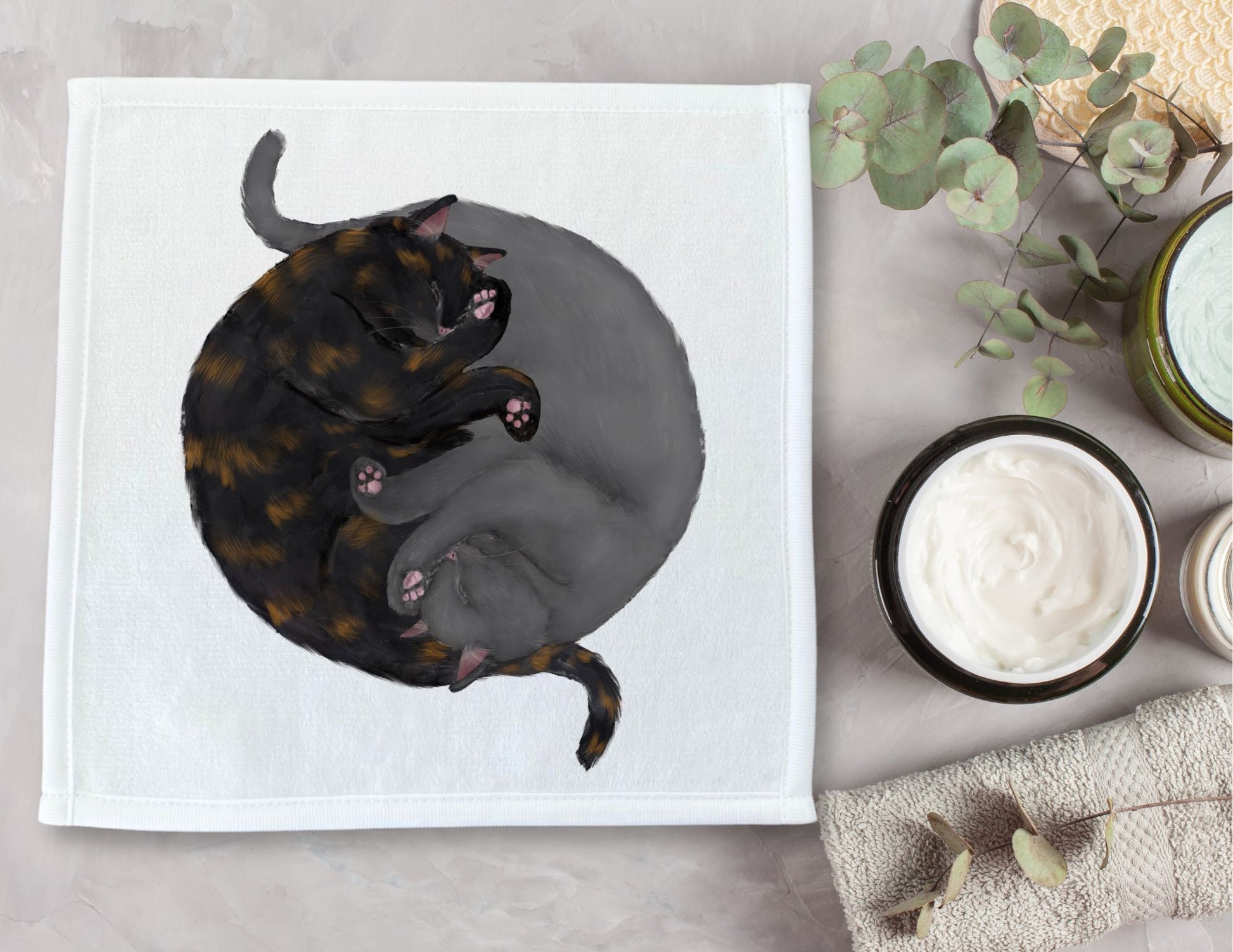 Tortoiseshell and Gray Cats Sleeping Washcloth - MerikaArt