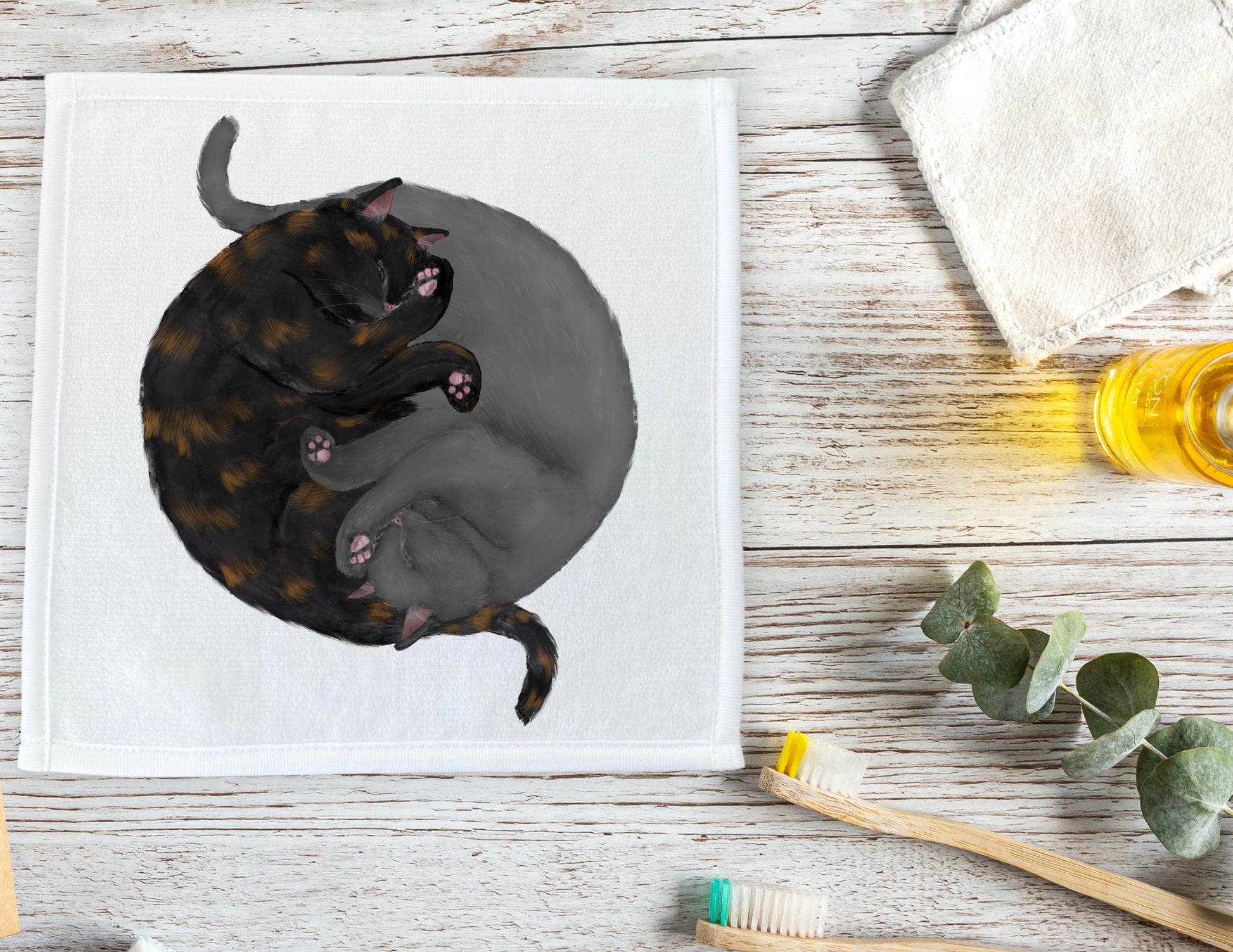 Tortoiseshell and Gray Cats Sleeping Washcloth - MerikaArt