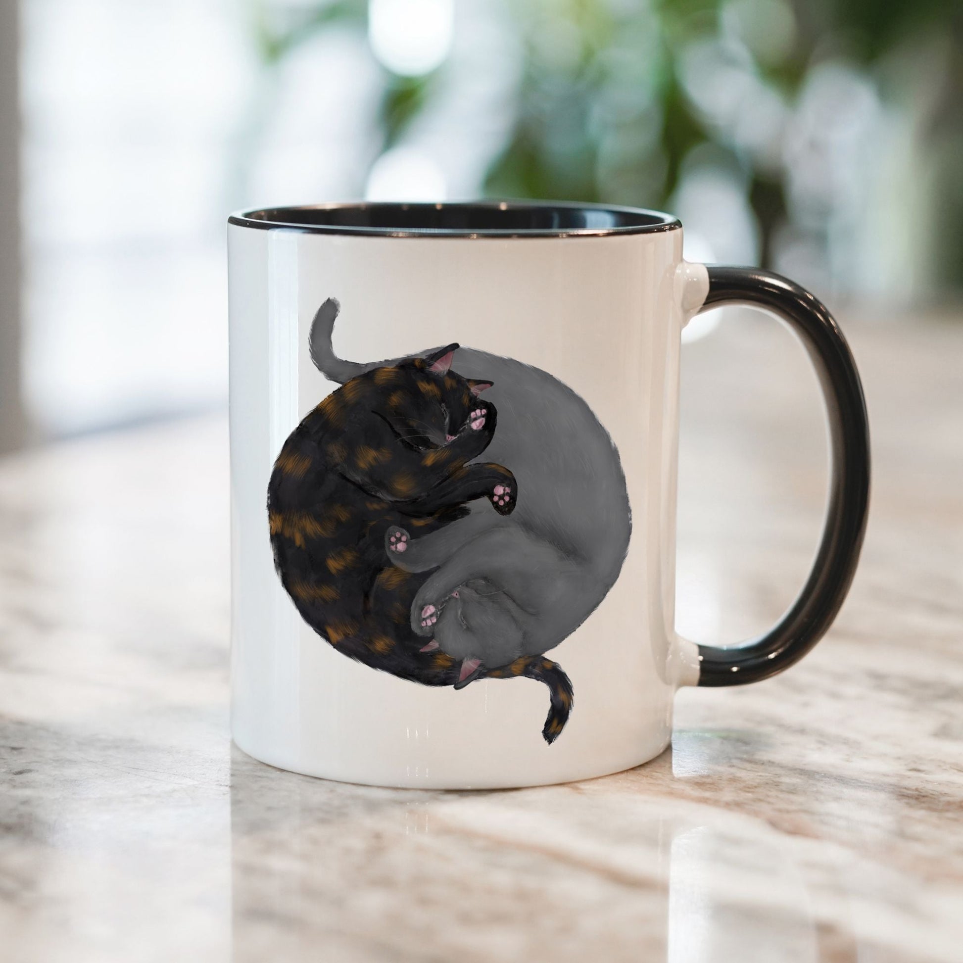 Tortoiseshell and Gray Sleeping Cats Mug - MerikaArt