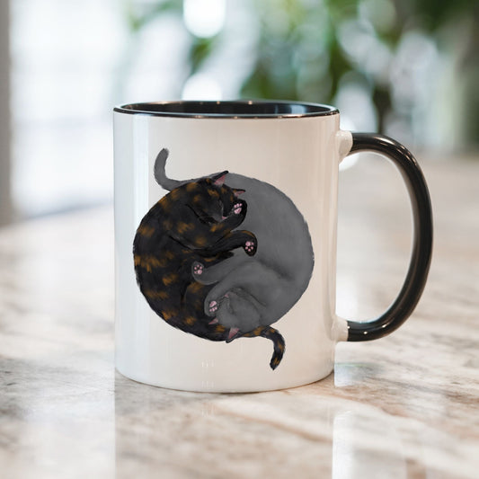 Tortoiseshell and Gray Sleeping Cats Mug - MerikaArt
