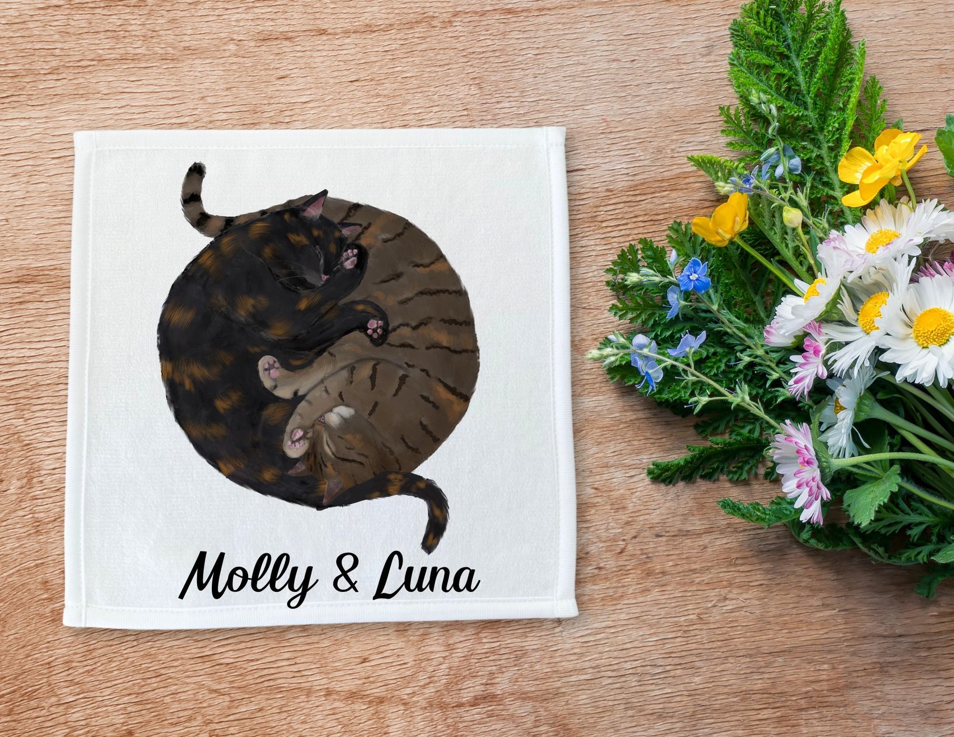 Tortoiseshell and Tabby Cats Sleeping Washcloth - MerikaArt