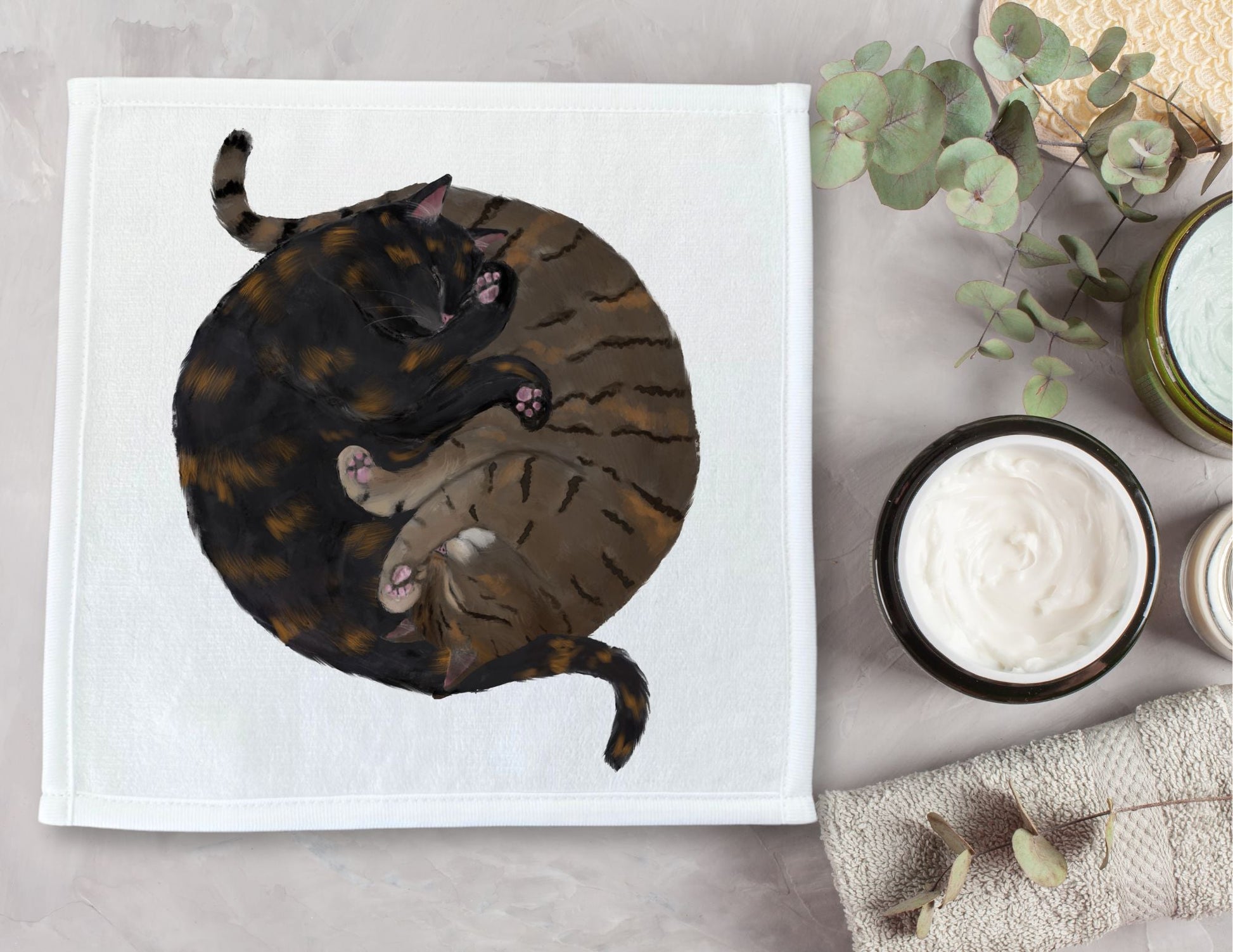 Tortoiseshell and Tabby Cats Sleeping Washcloth - MerikaArt