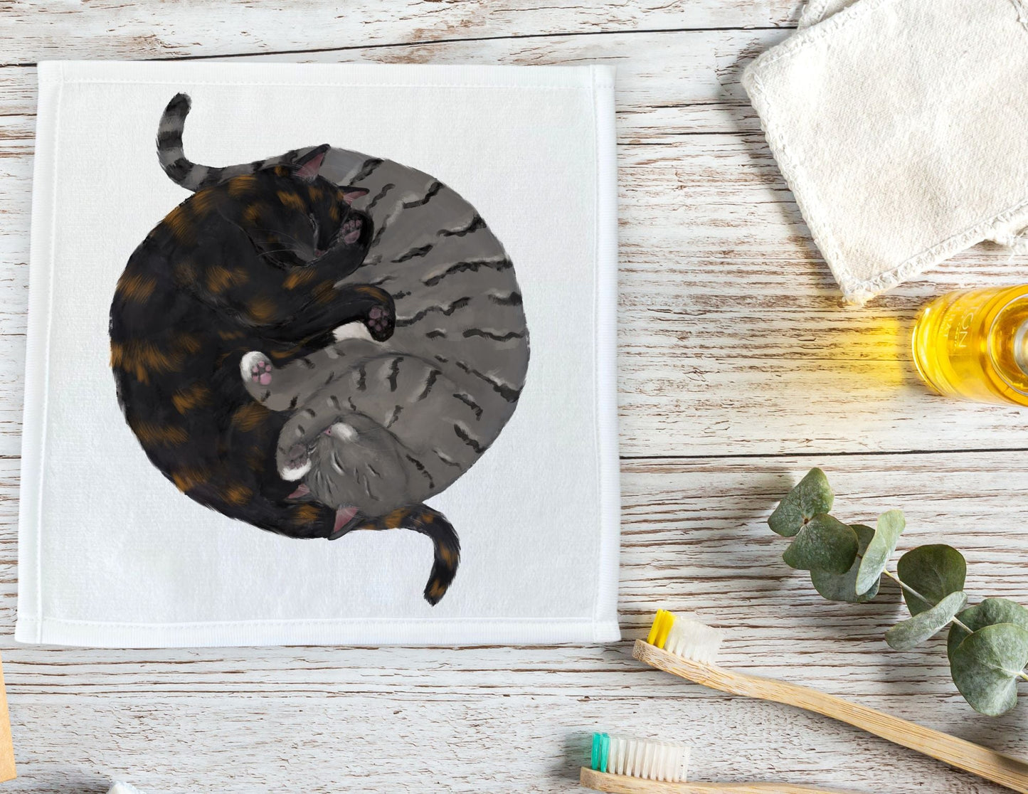 Tortoiseshell and Tabby Cats Sleeping Washcloth - MerikaArt