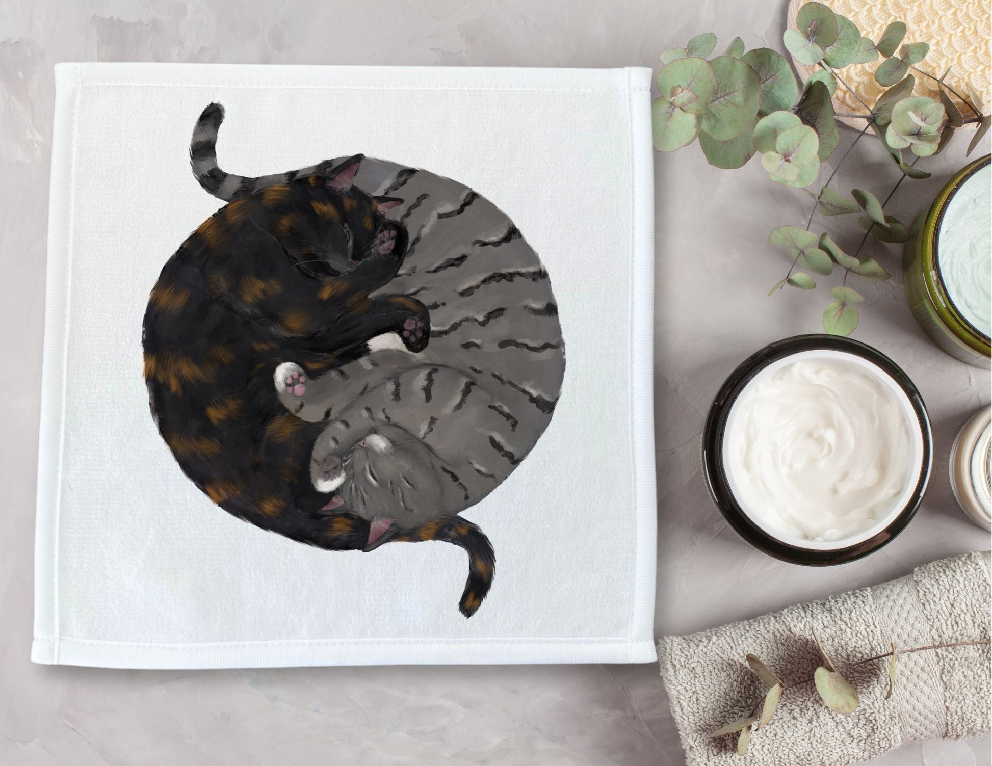 Tortoiseshell and Tabby Cats Sleeping Washcloth - MerikaArt