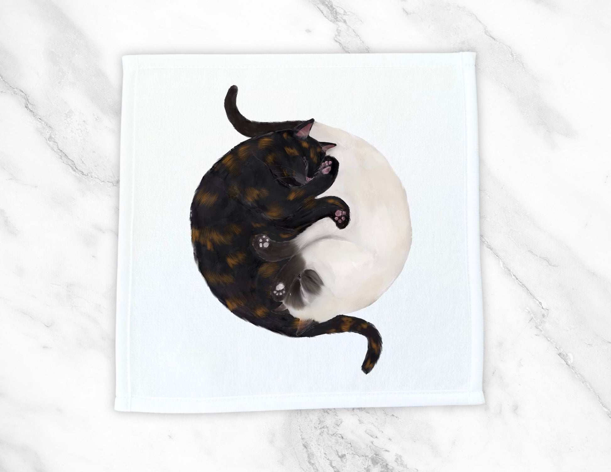 Tortoiseshell and White Cats Sleeping Washcloth - MerikaArt