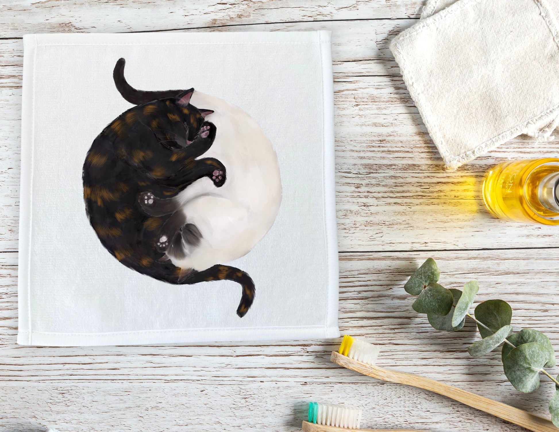 Tortoiseshell and White Cats Sleeping Washcloth - MerikaArt