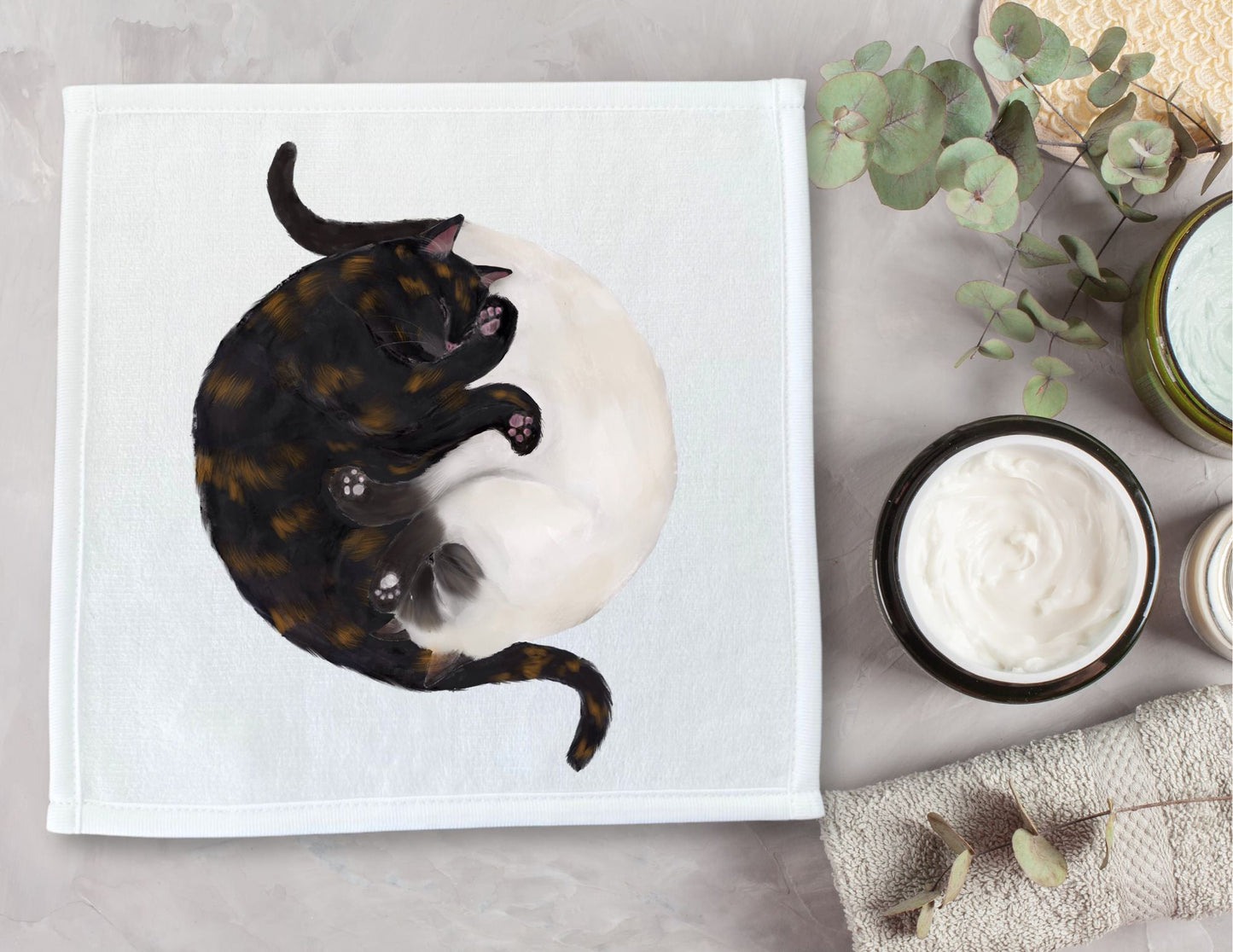 Tortoiseshell and White Cats Sleeping Washcloth - MerikaArt