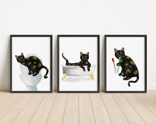 Tortoiseshell Cat Bathroom Art Prints - Set of 3 - MerikaArt