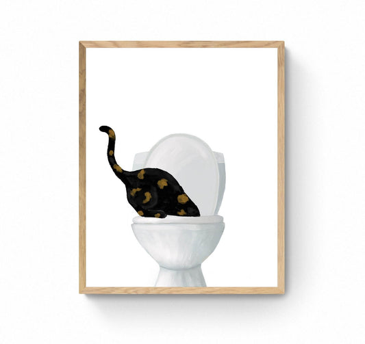 Tortoiseshell Cat Drinking Water From Toilet Art, Fat Tortie Cat Print, Bathroom Decor, Cat Painting, Kitty Licking Water From Toilet Art, - MerikaArt