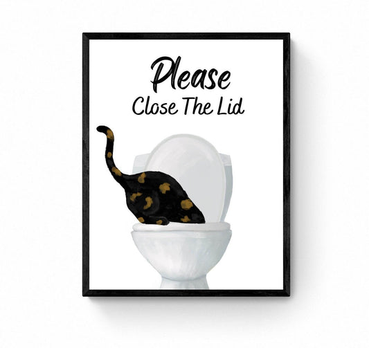 Tortoiseshell Cat Drinking Water From Toilet Sign, Fat Tortie Cat Print, Bathroom Decor, Cat Painting, Kitty Licking Water From Toilet Art, - MerikaArt