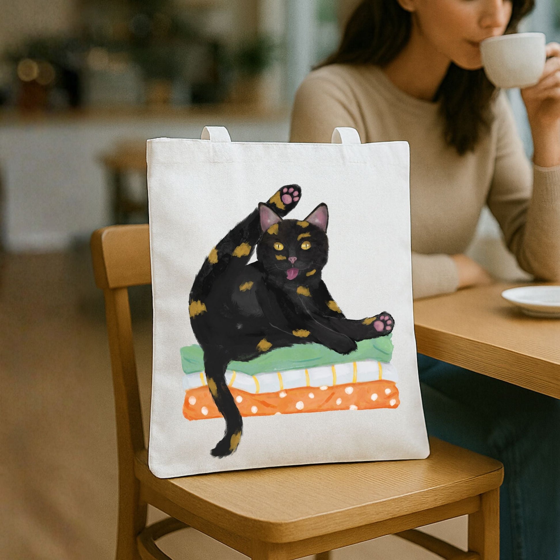 Tortoiseshell Cat Grooming on Blankets Canvas Tote Bag - MerikaArt