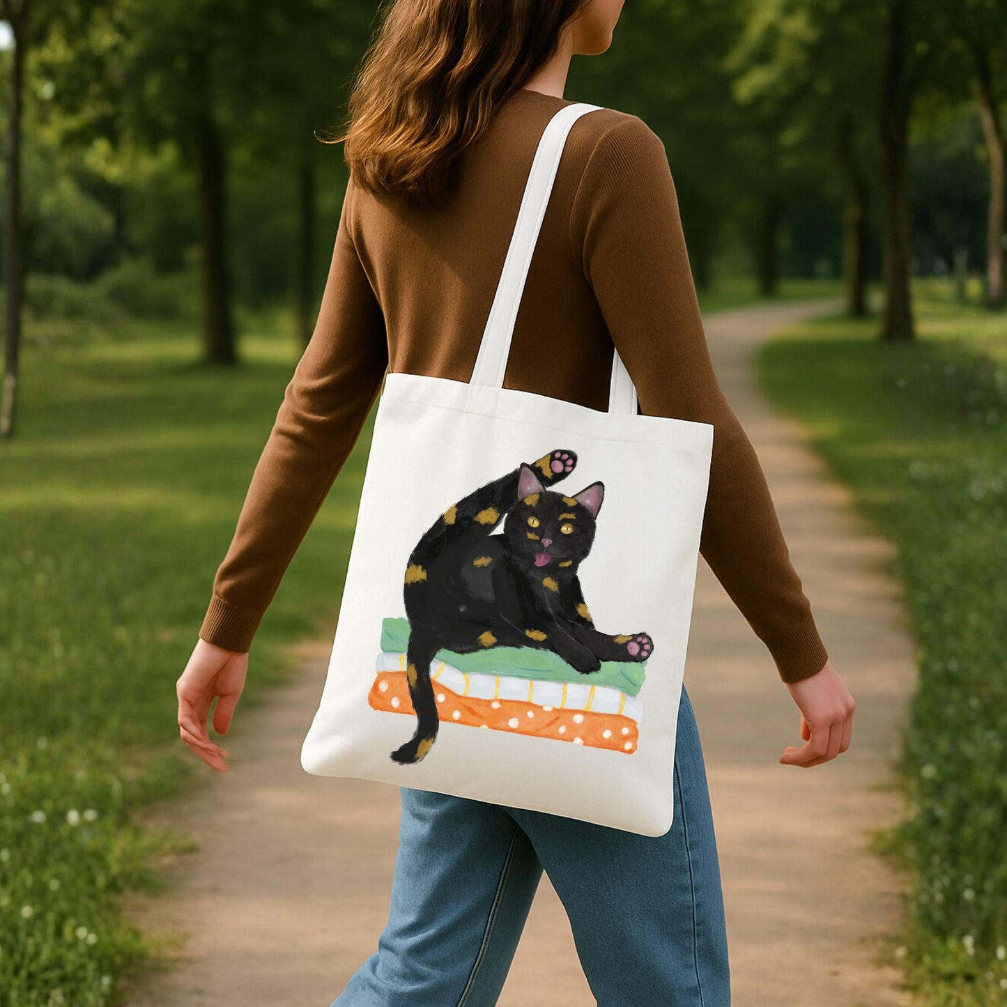 Tortoiseshell Cat Grooming on Blankets Canvas Tote Bag - MerikaArt