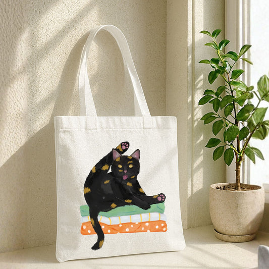 Tortoiseshell Cat Grooming on Blankets Canvas Tote Bag - MerikaArt