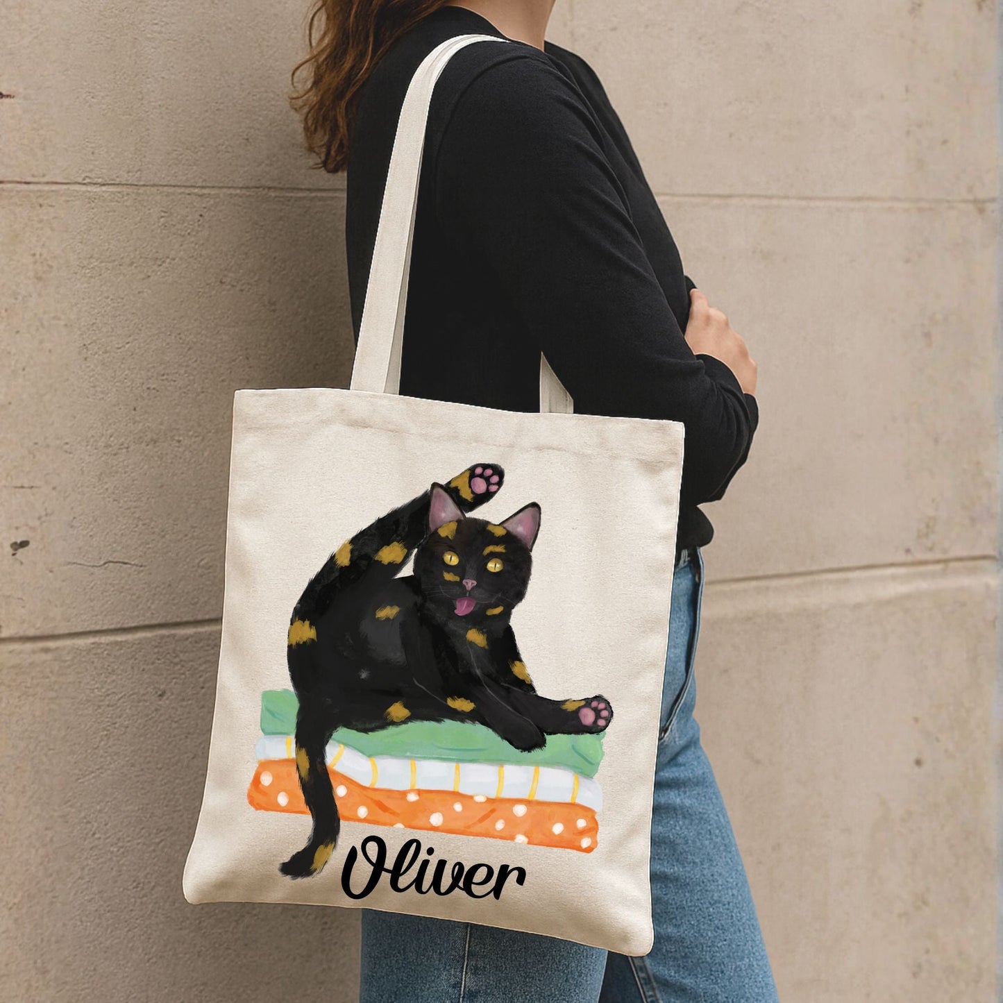 Tortoiseshell Cat Grooming on Blankets Canvas Tote Bag - MerikaArt