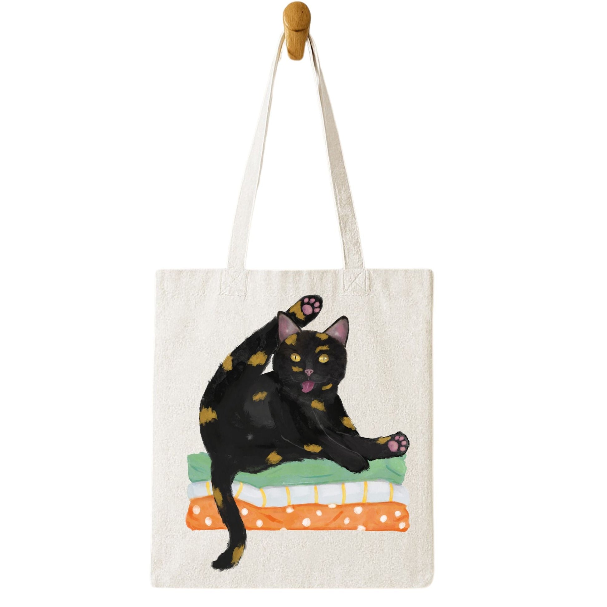 Tortoiseshell Cat Grooming on Blankets Canvas Tote Bag - MerikaArt