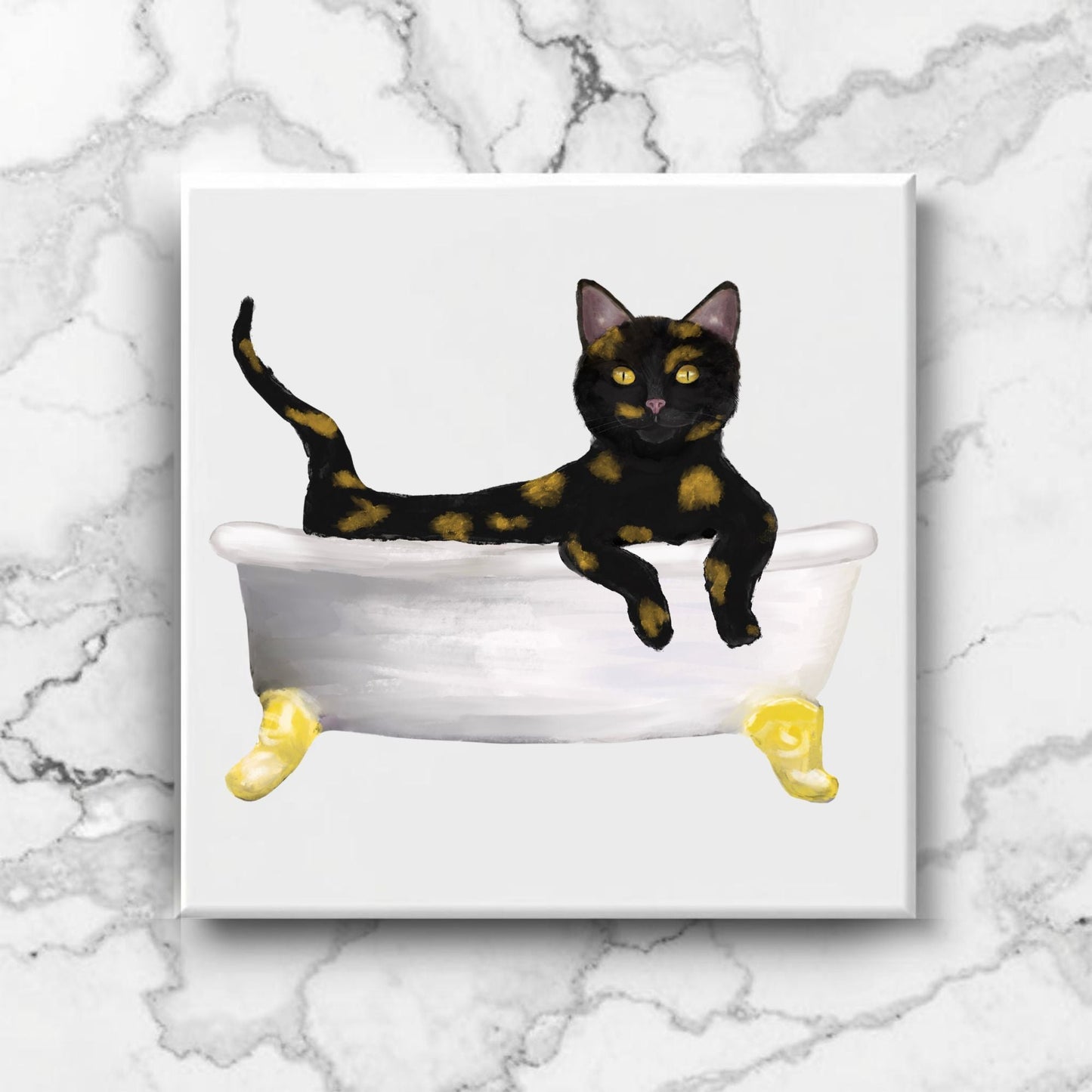 Tortoiseshell Cat in Bathtub Ceramic Tile – Handcrafted Whimsical Pet Art Decor - MerikaArt