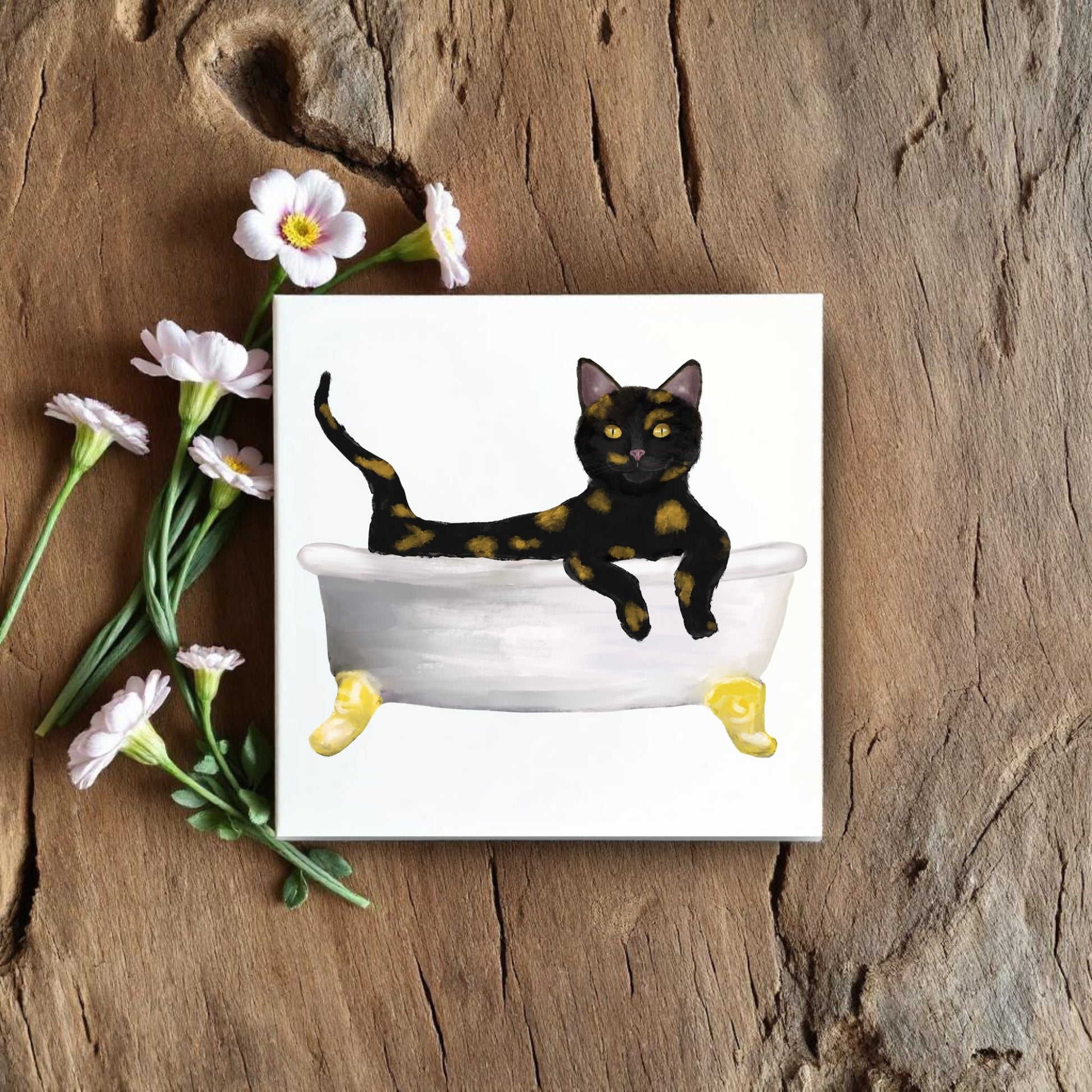 Tortoiseshell Cat in Bathtub Ceramic Tile – Handcrafted Whimsical Pet Art Decor - MerikaArt