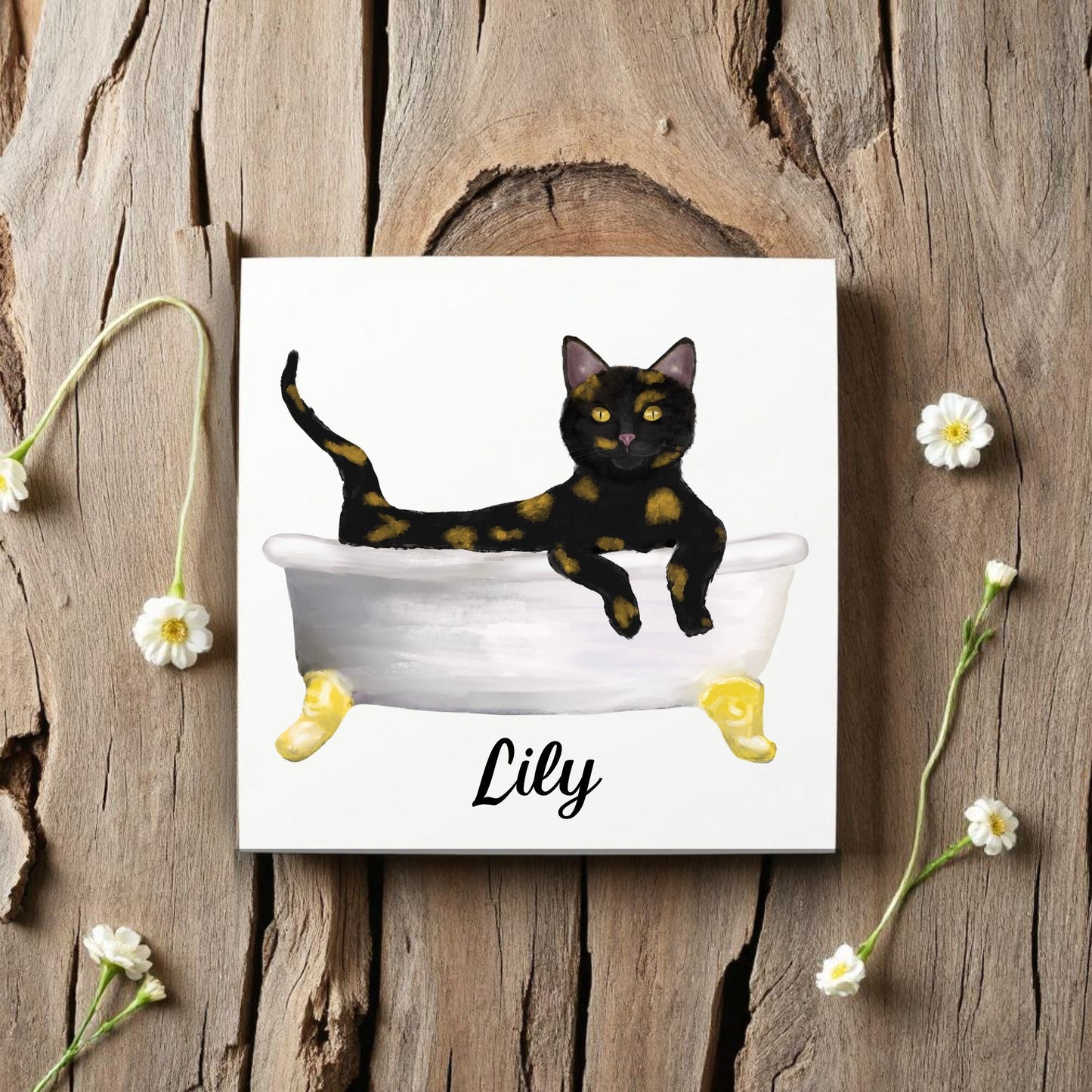 Tortoiseshell Cat in Bathtub Ceramic Tile – Handcrafted Whimsical Pet Art Decor - MerikaArt