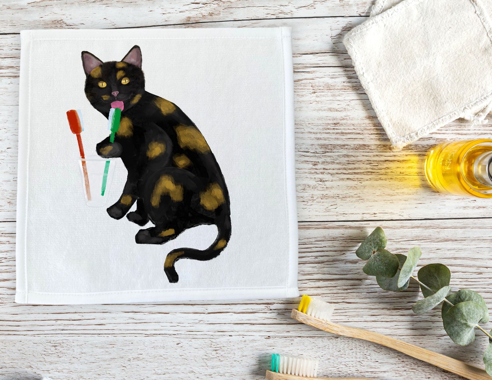 Tortoiseshell Cat Licking Toothbrush Washcloth - MerikaArt