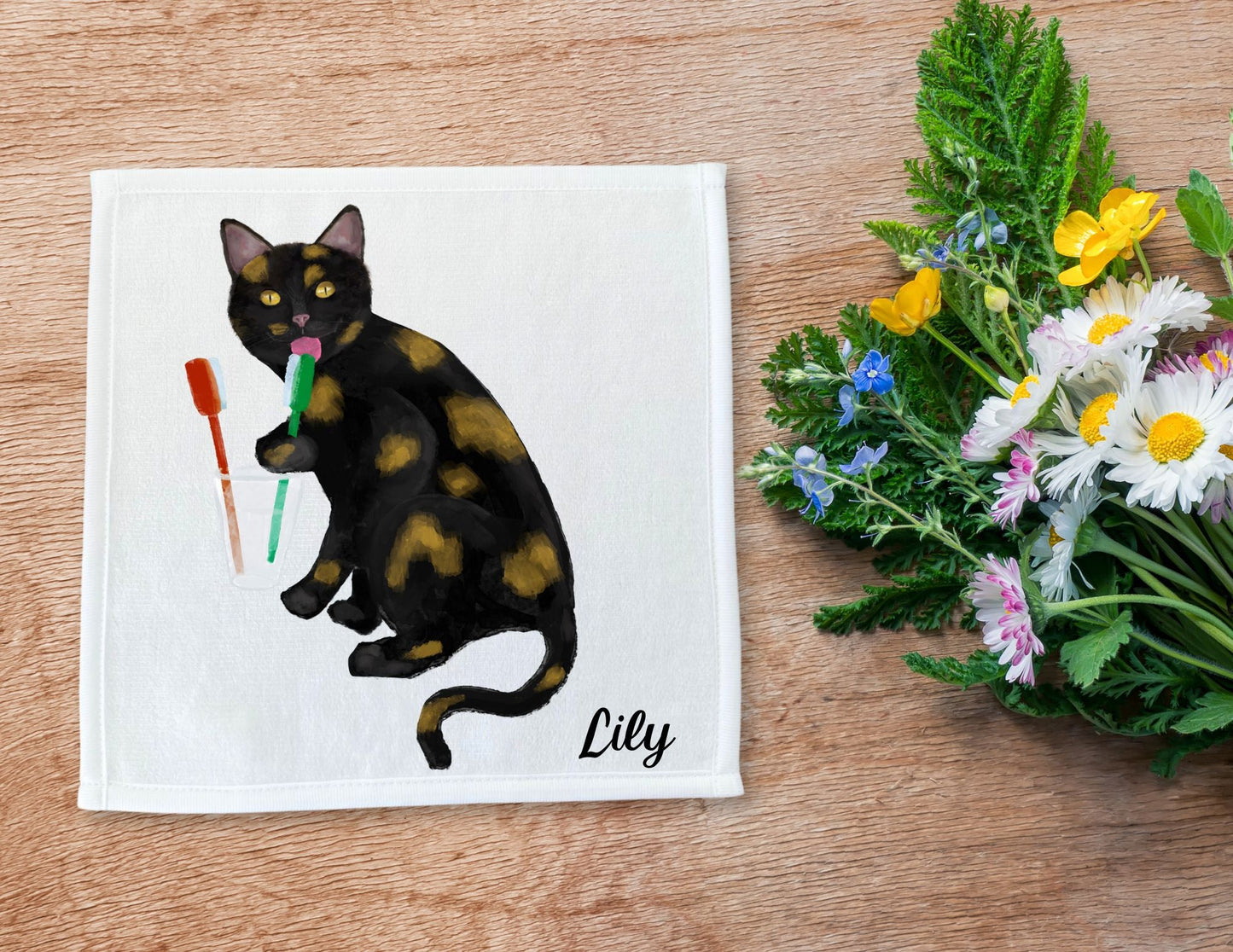 Tortoiseshell Cat Licking Toothbrush Washcloth - MerikaArt