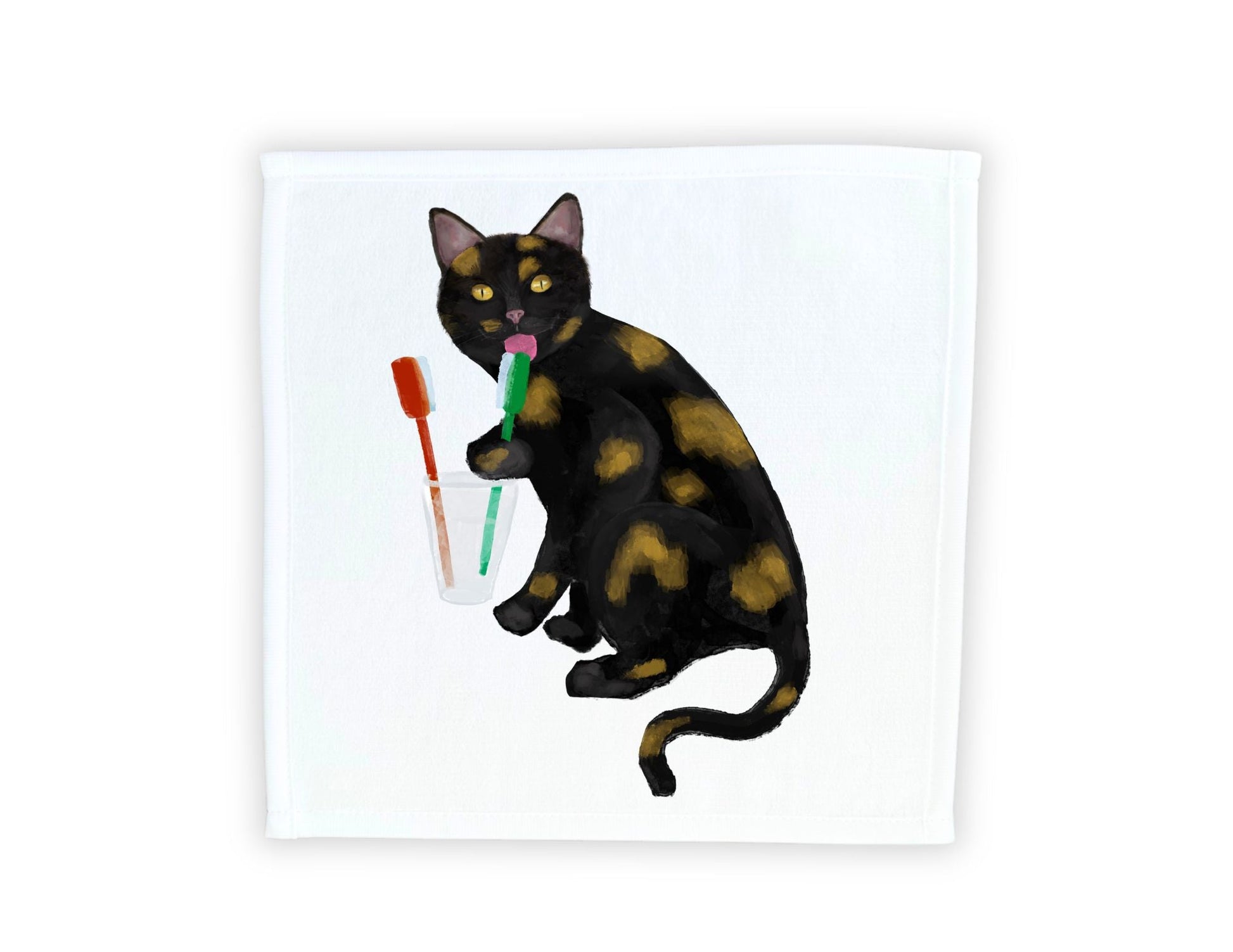 Tortoiseshell Cat Licking Toothbrush Washcloth - MerikaArt