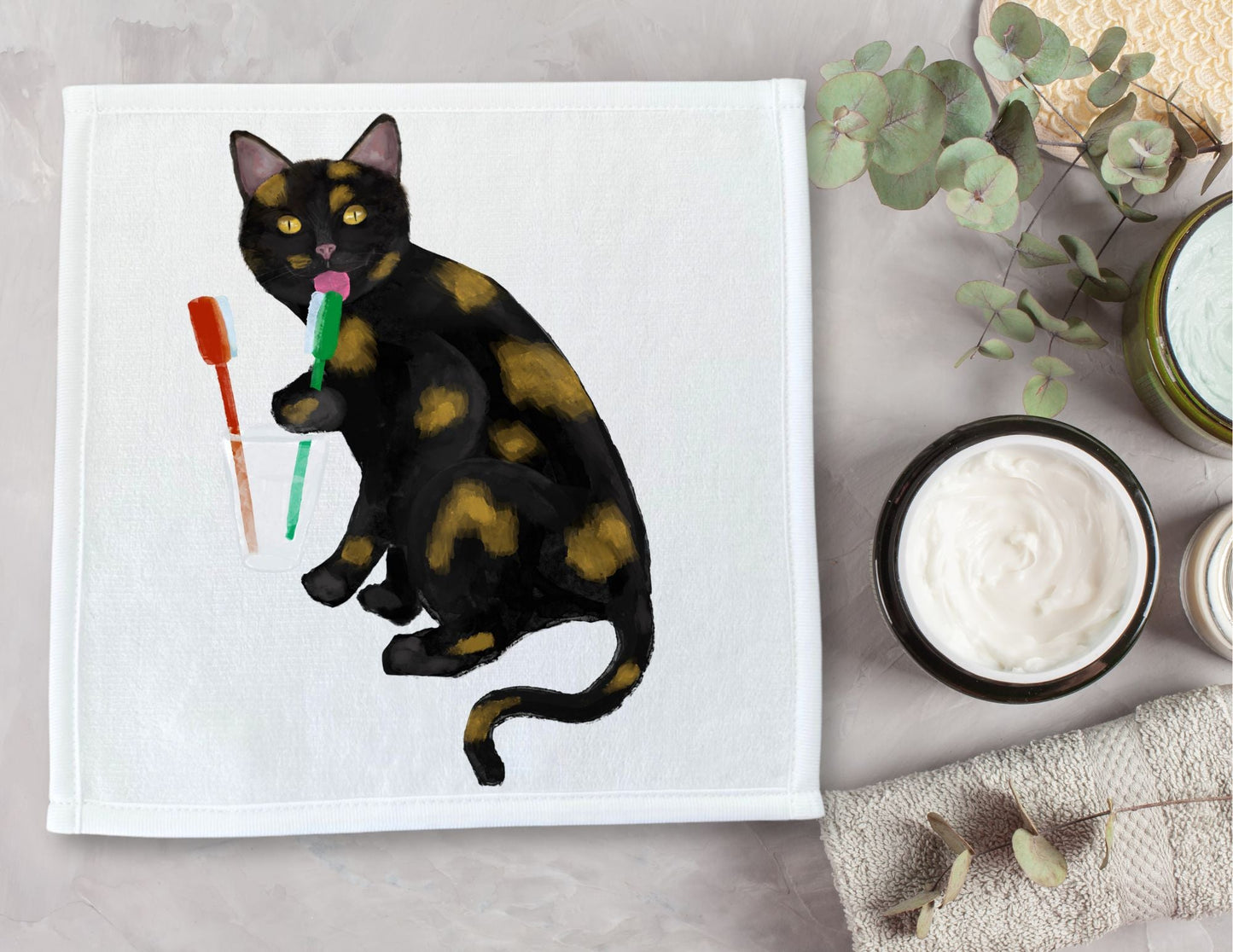 Tortoiseshell Cat Licking Toothbrush Washcloth - MerikaArt