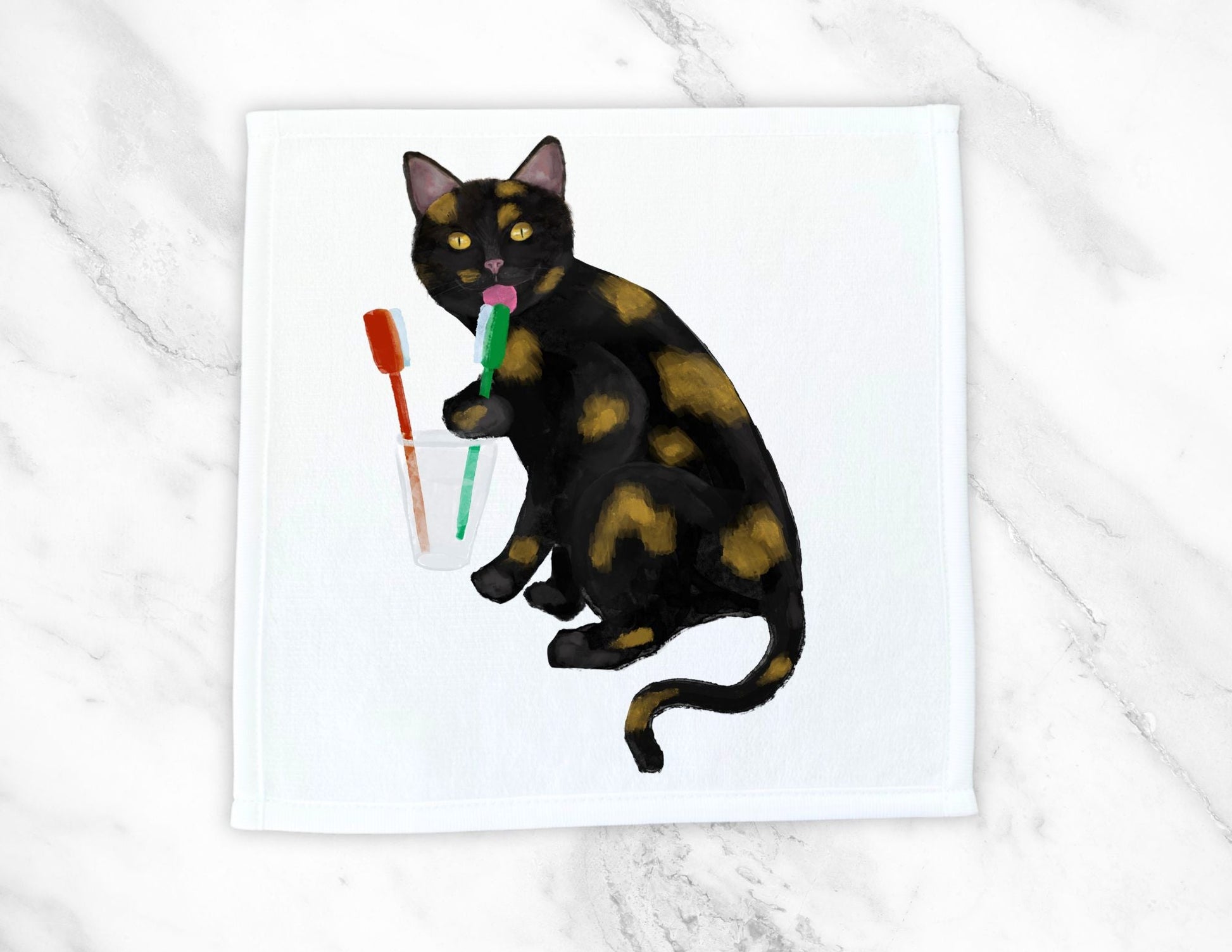 Tortoiseshell Cat Licking Toothbrush Washcloth - MerikaArt