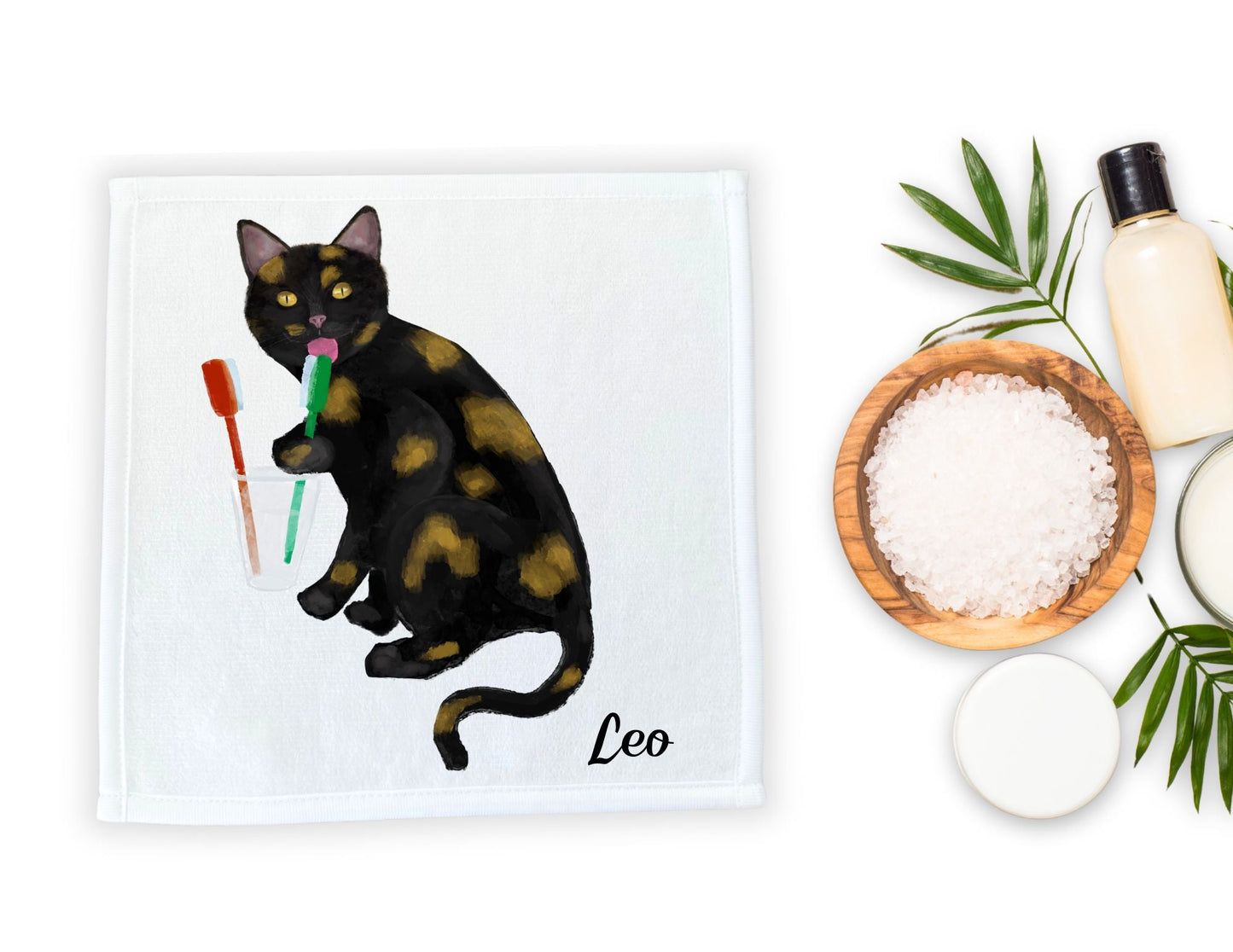 Tortoiseshell Cat Licking Toothbrush Washcloth - MerikaArt