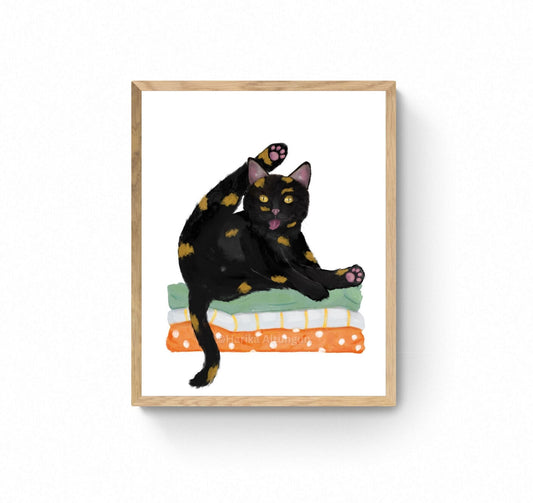 Tortoiseshell Cat on Laundry Print, Tortie Cat Sitting on Folded Linens, Laundry Wall Art, Cat Illustration, Home Decor, Cat Memorial - MerikaArt