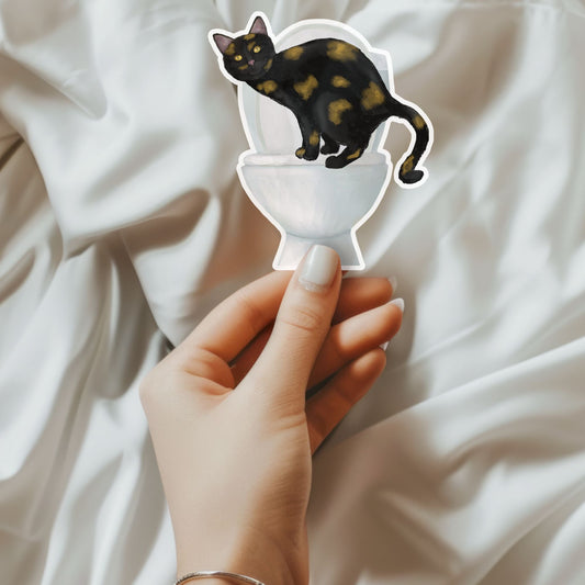 Tortoiseshell Cat On Toilet Vinyl Sticker - MerikaArt