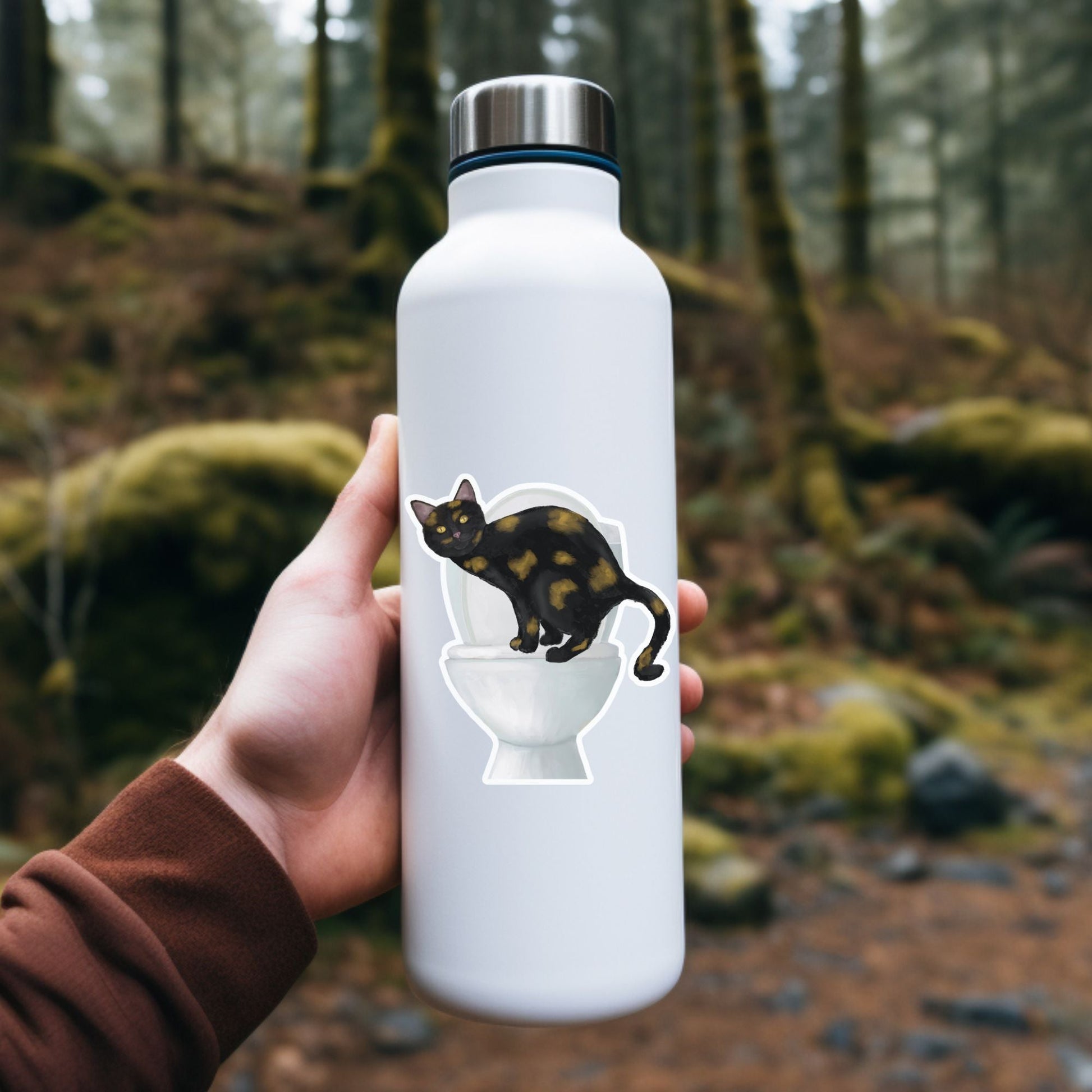 Tortoiseshell Cat On Toilet Vinyl Sticker - MerikaArt