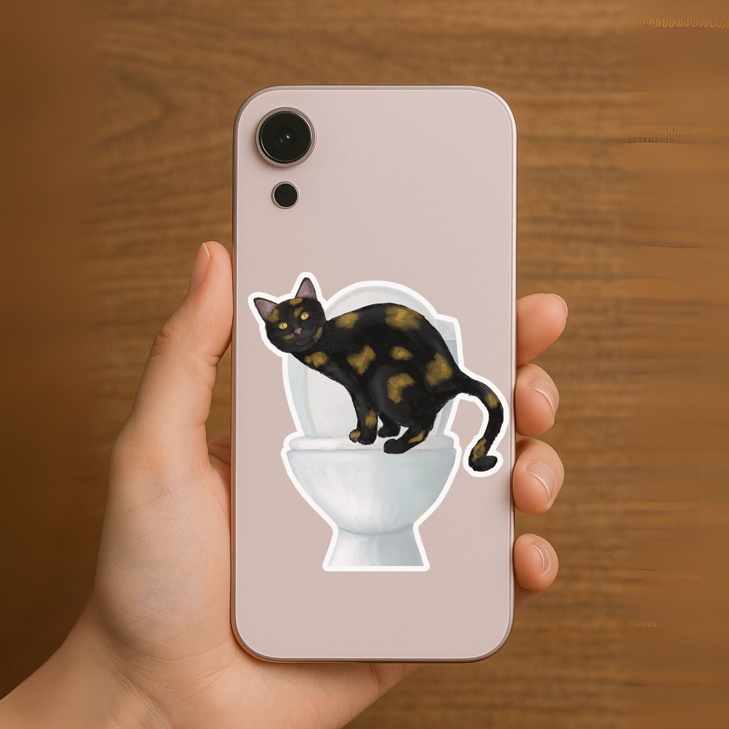 Tortoiseshell Cat On Toilet Vinyl Sticker - MerikaArt