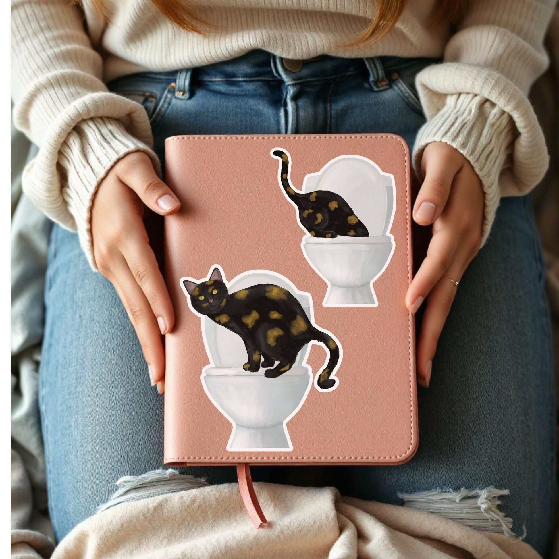 Tortoiseshell Cat On Toilet Vinyl Sticker - MerikaArt