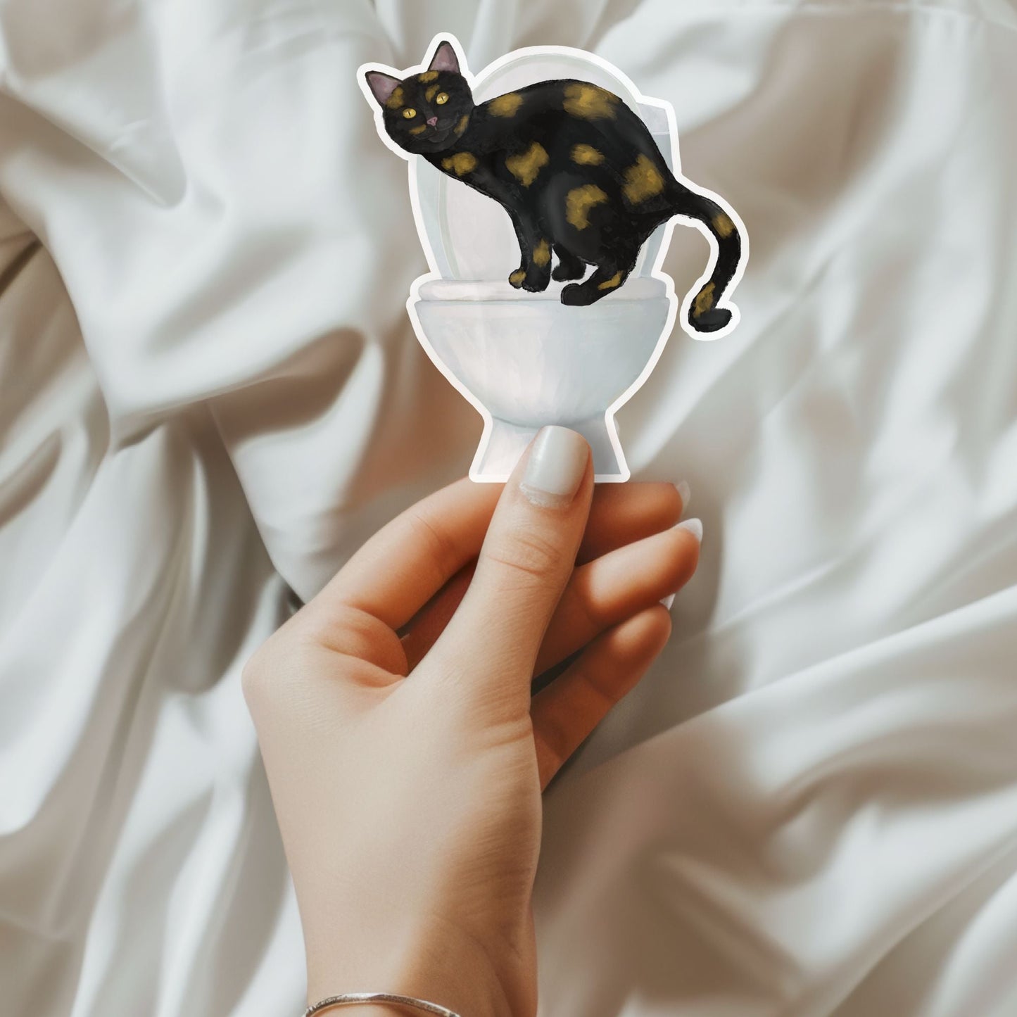 Tortoiseshell Cat On Toilet Vinyl Sticker - MerikaArt