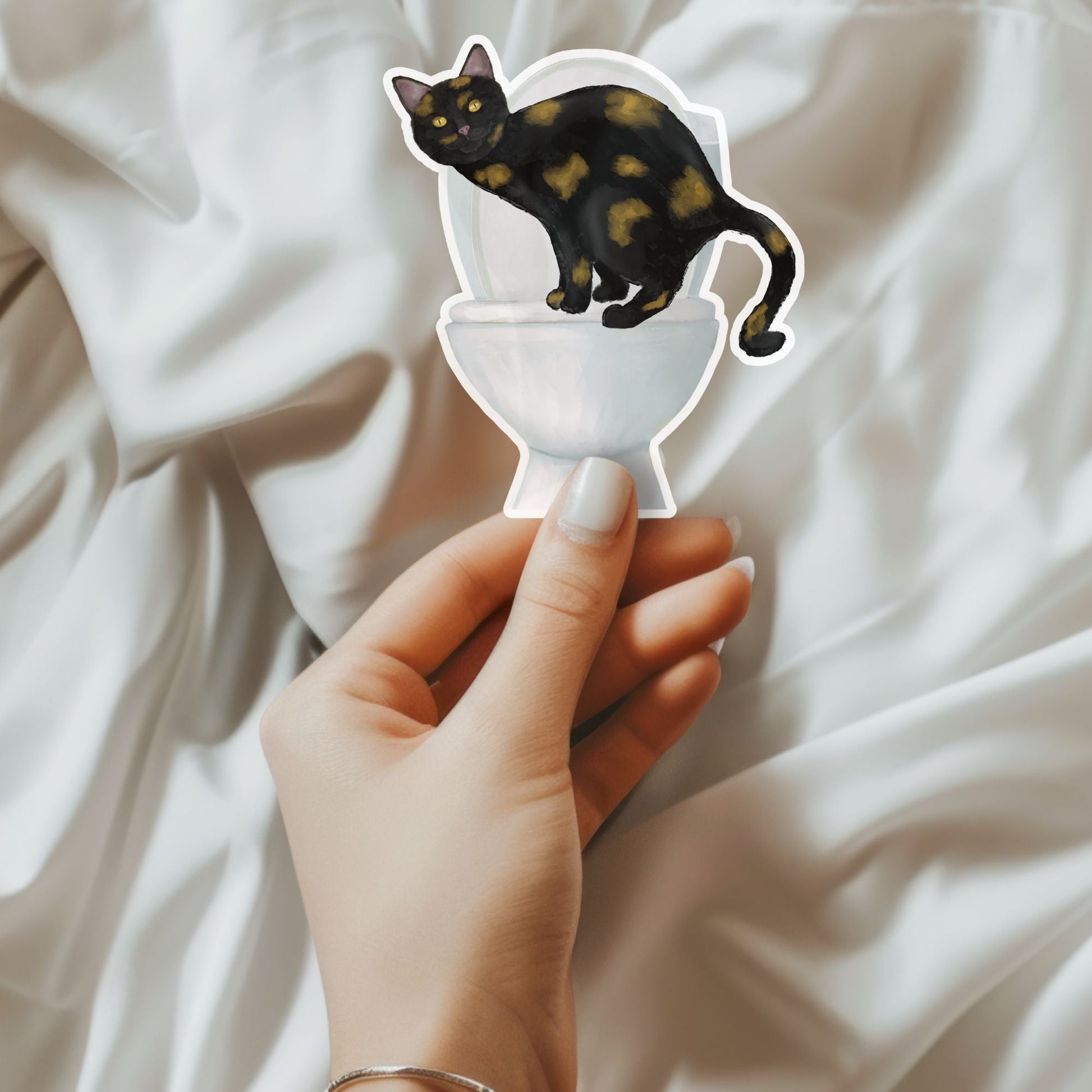 Tortoiseshell Cat On Toilet Vinyl Sticker - MerikaArt