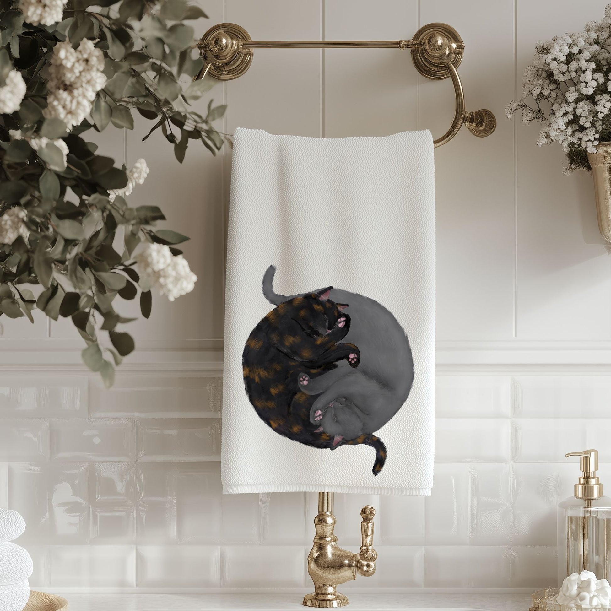 Tortoiseshell & Gray Sleeping Cats Bathroom Towel - MerikaArt